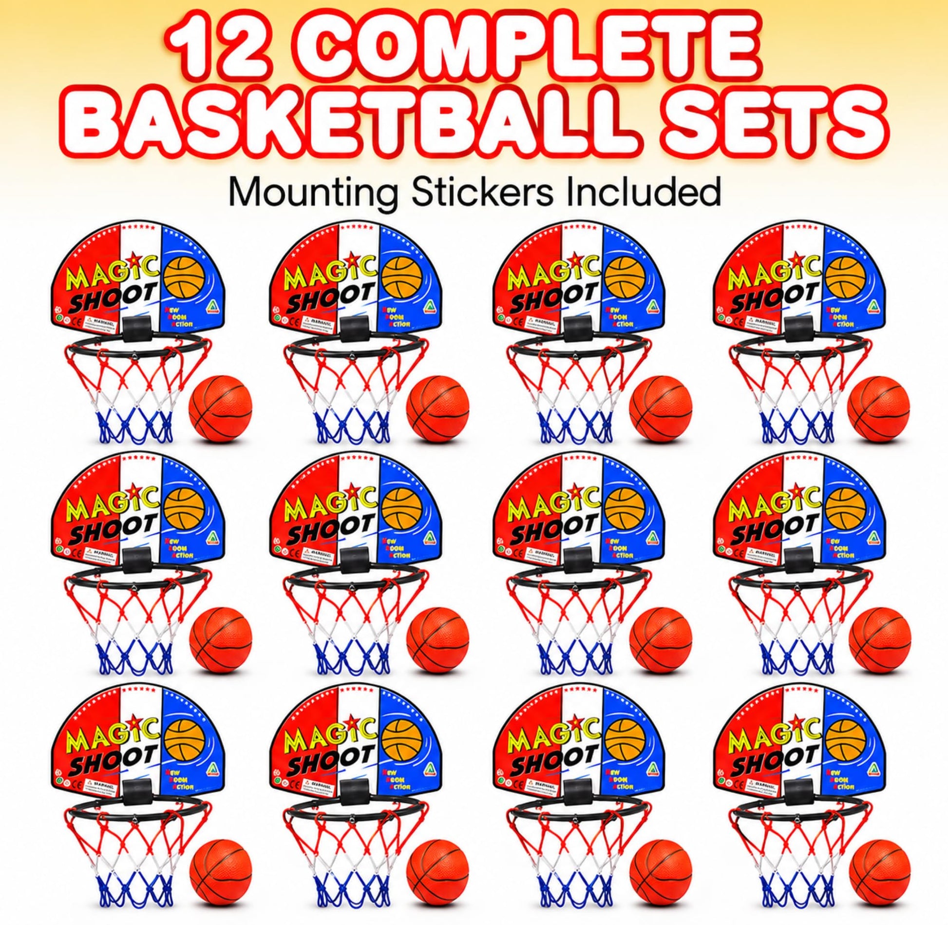 ArtCreativity Mini Basketball Game (12 Sets) Each Set Includes 1 Mini Ball, 1 Back Board Net, & Mounting Tape, Indoor Basketball Hoop for Kids