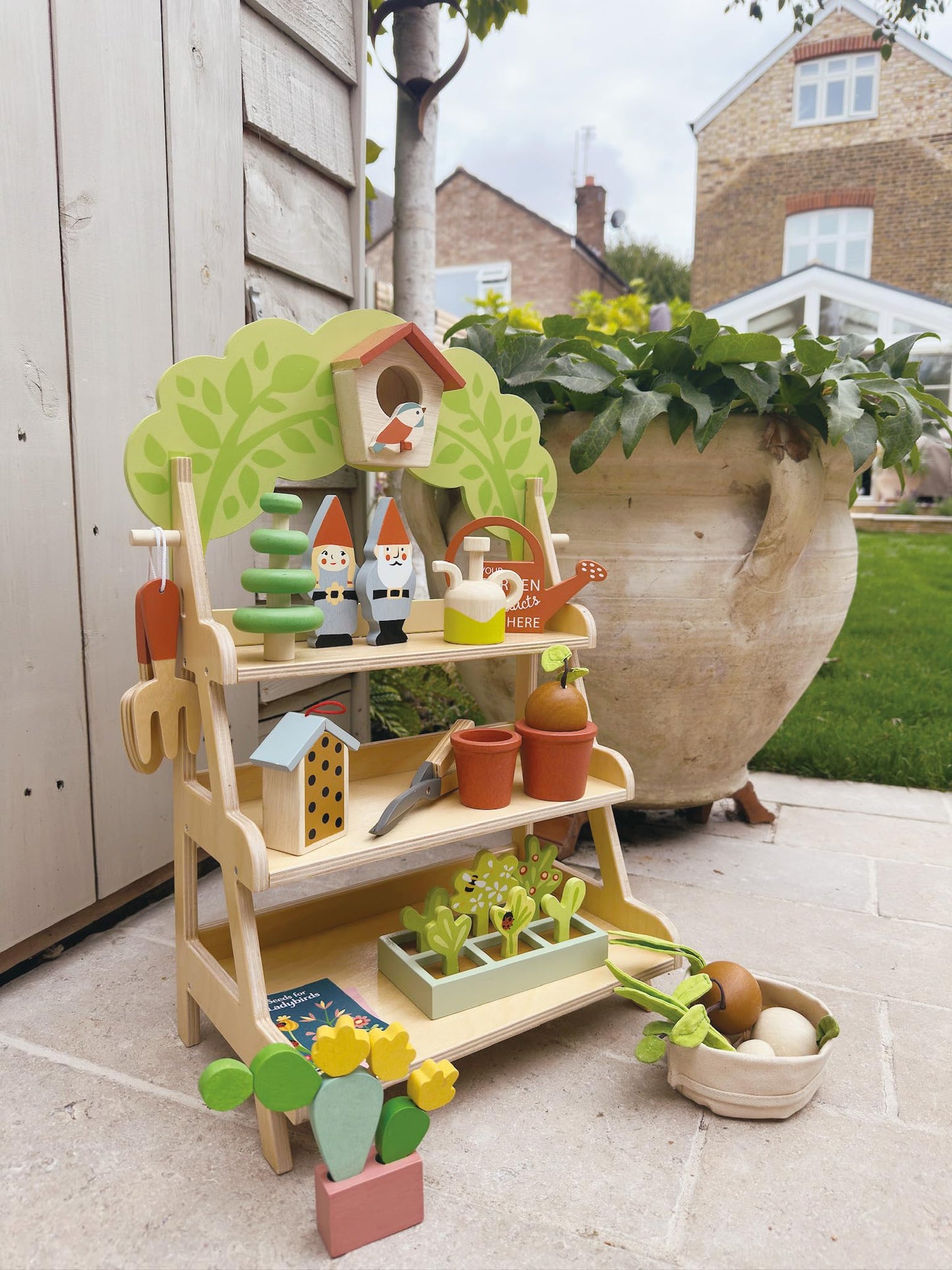 Tender Leaf Toys - Garden Centre - Wood Pretend Play Gardening Set Including Tools, Bird House, Gnomes and Accessories - Encourages Imaginative Play