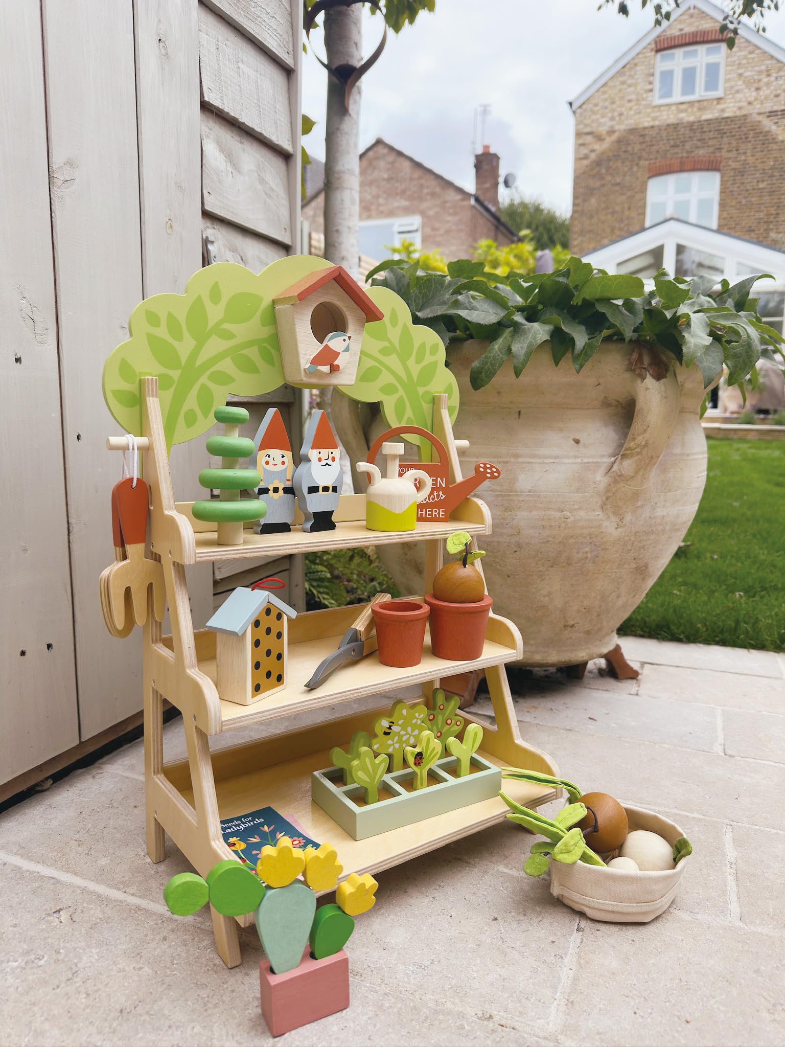 Tender Leaf Toys - Garden Centre - Wood Pretend Play Gardening Set Including Tools, Bird House, Gnomes and Accessories - Encourages Imaginative Play