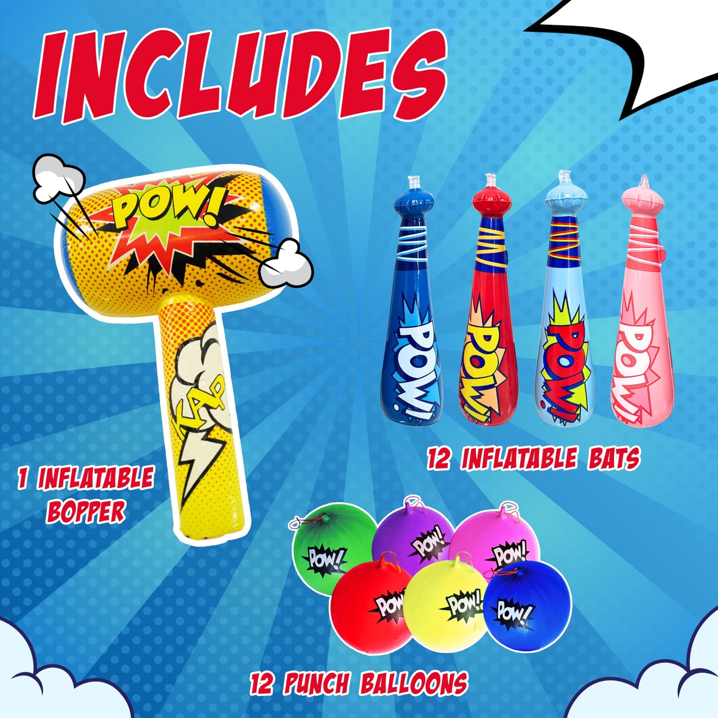 4E's Novelty 25 Piece Set Inflatable Baseball Bats with Pow Design, 12 Punch Balloons for Kids, 1 Huge 30" Bopper for Super Hero Birthday Bat