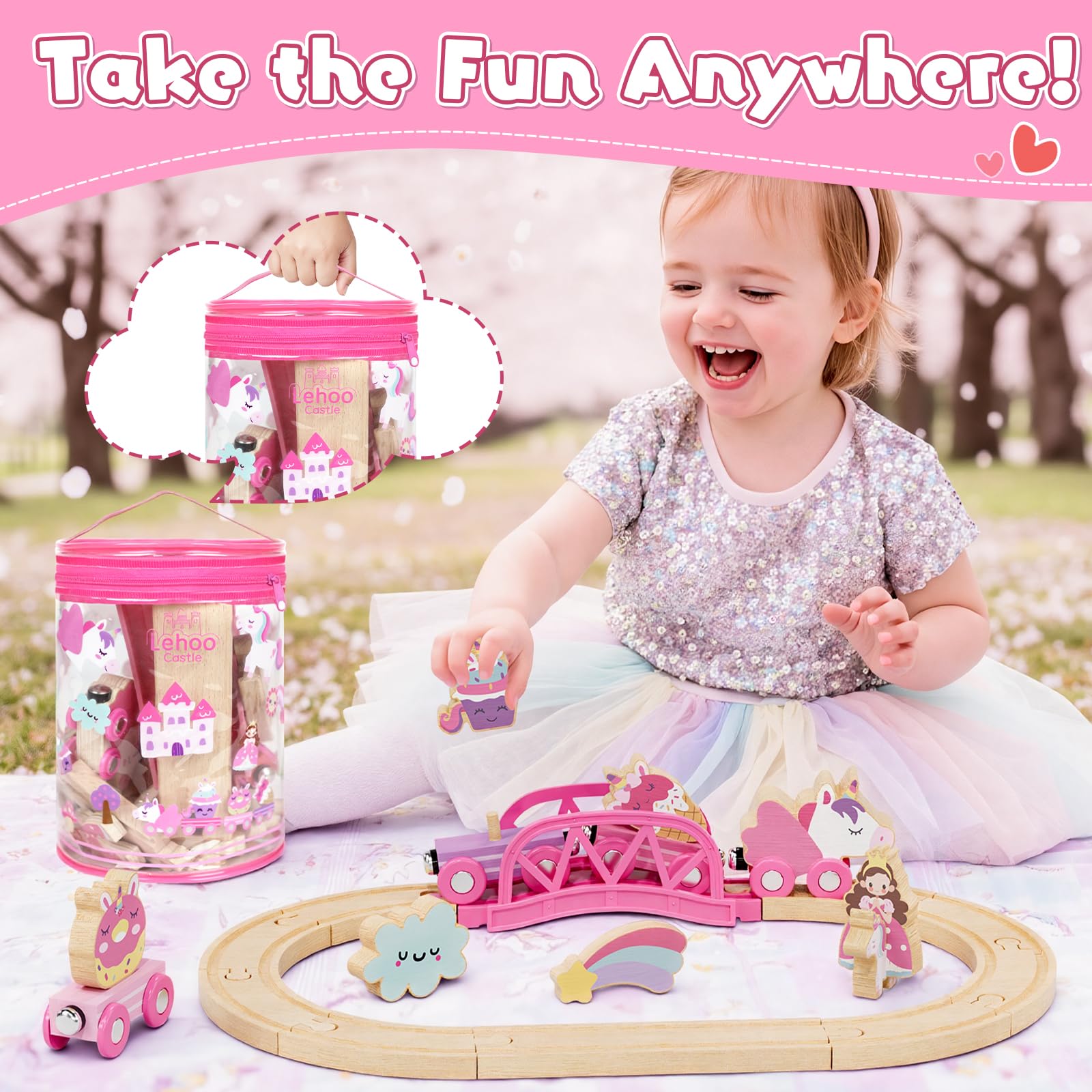 Lehoo Castle Wooden Train Set for Girls, Unicorn Train Set for Toddlers 2-4, Wooden Train Track with Storage Bag, Pink Train Fantasy Toys for 3 Year