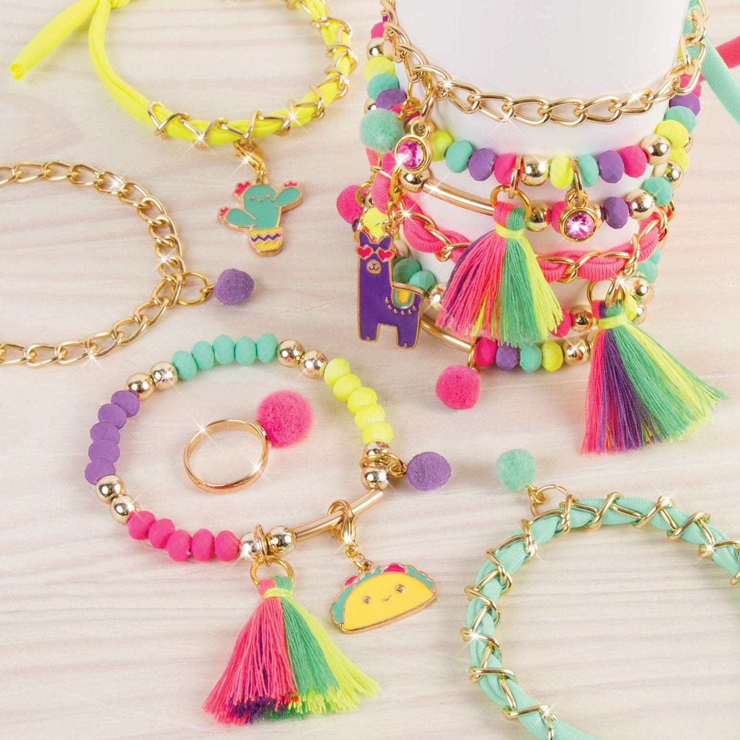Make It Real: Neo-Brite Chains & Charms Kit - Create 10 Unique Cord & Tassel Charm Bracelets, 195 Pieces, Includes Play Tray,DIY Playful Charm