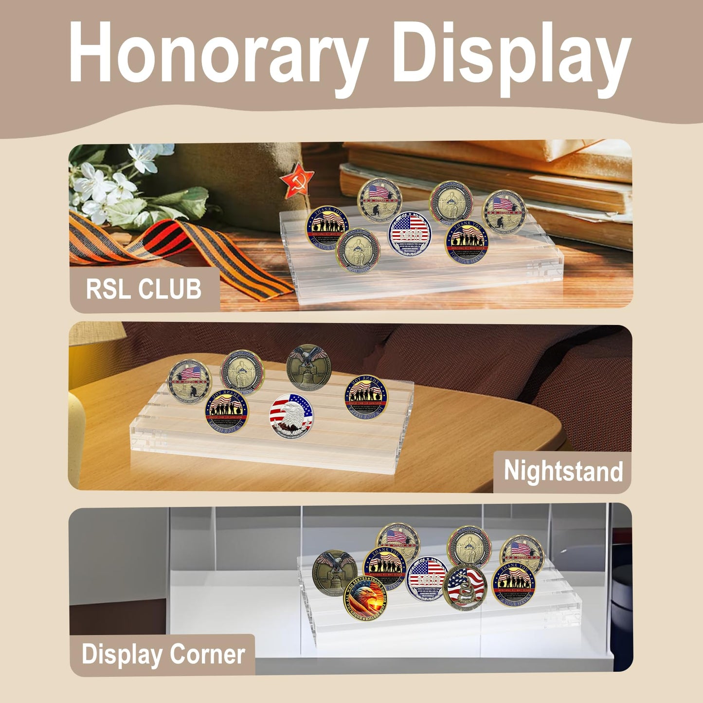 Boloyo Acrylic Challenge Coin Display Stand, Clear 6x4 inch 5 Row Challenge Coins Display Holder Military Coin Display Case Holder Rack for Collectors