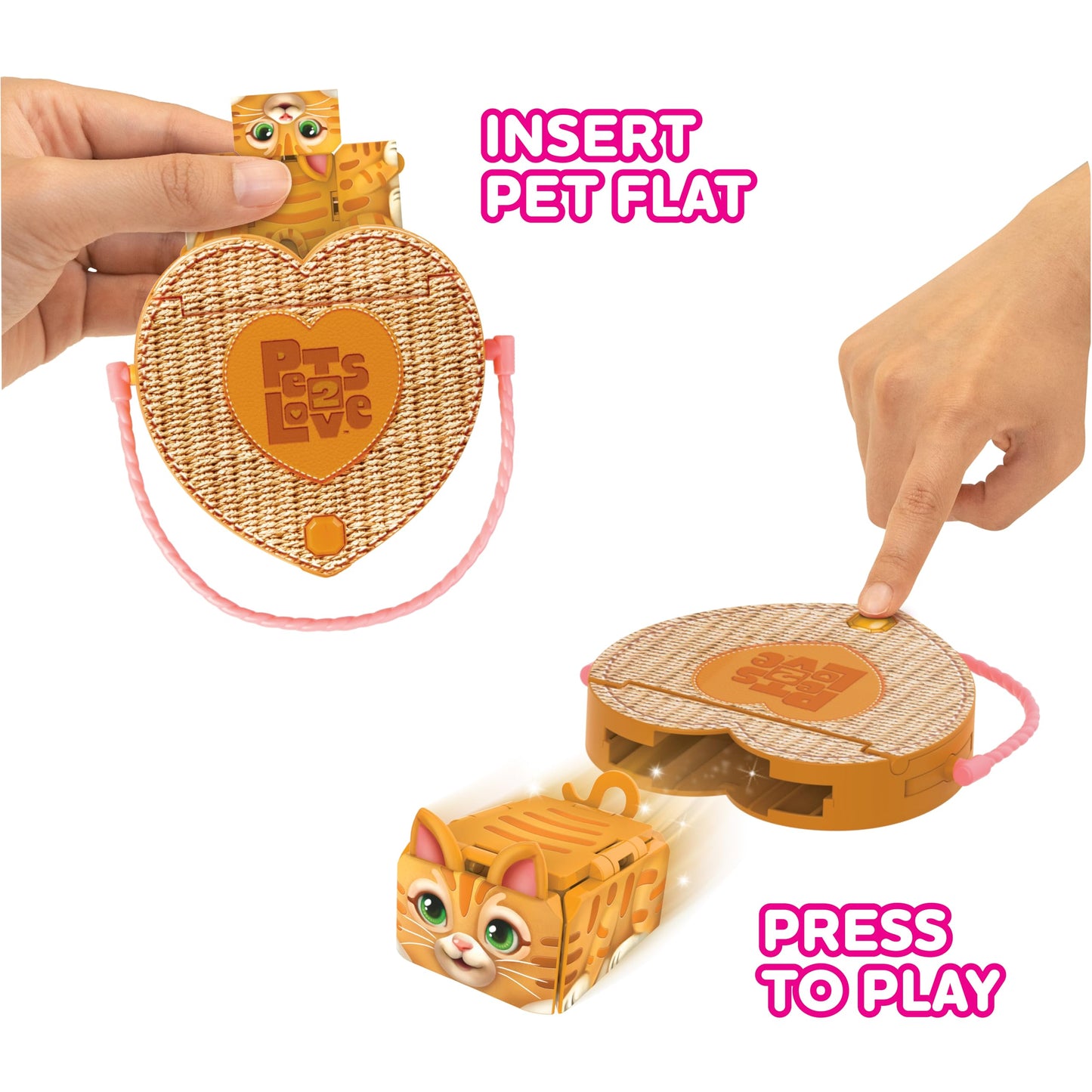 Pets 2 Love Olive The Cat Toy Pet with Heart-Shaped Animal Purse, Includes Miniature Carrier & Leash, Compact and Travel Friendly, 3-in-1 Interactive