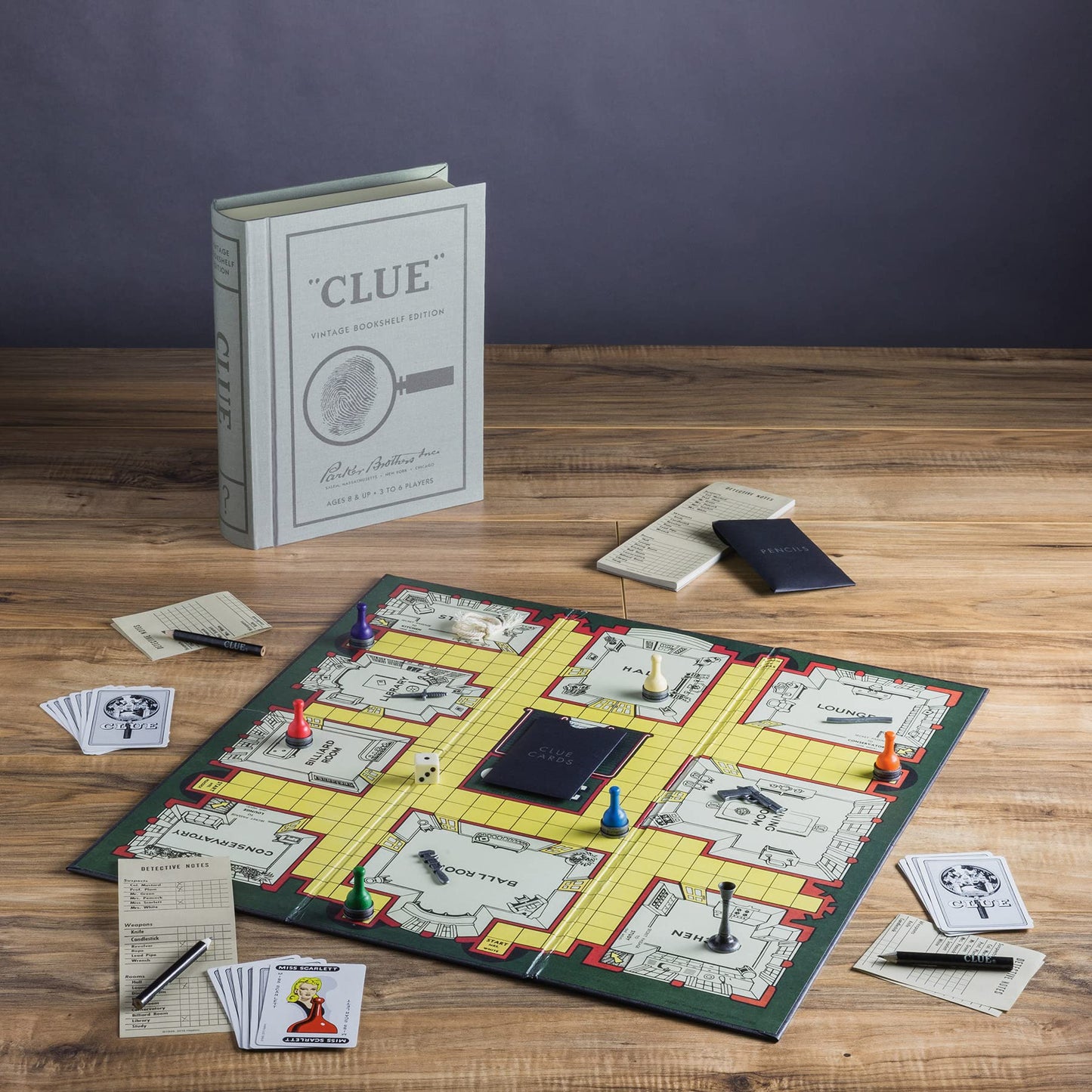 WS Game Company Clue Vintage Bookshelf Edition - Classic Murder Mystery Board Game in Linen-Wrapped Book Case with Retro 1949 Design, for Kids, Adults