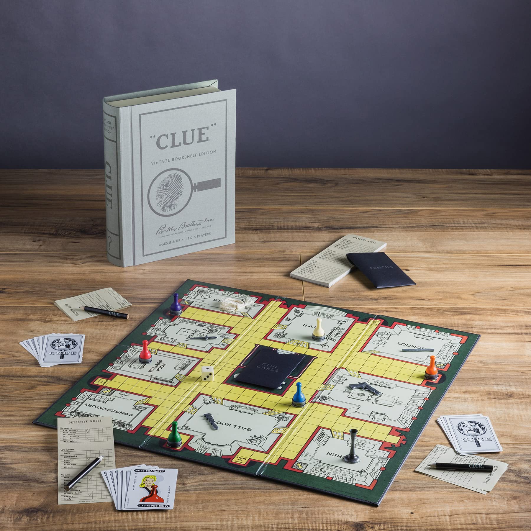 WS Game Company Clue Vintage Bookshelf Edition - Classic Murder Mystery Board Game in Linen-Wrapped Book Case with Retro 1949 Design, for Kids, Adults