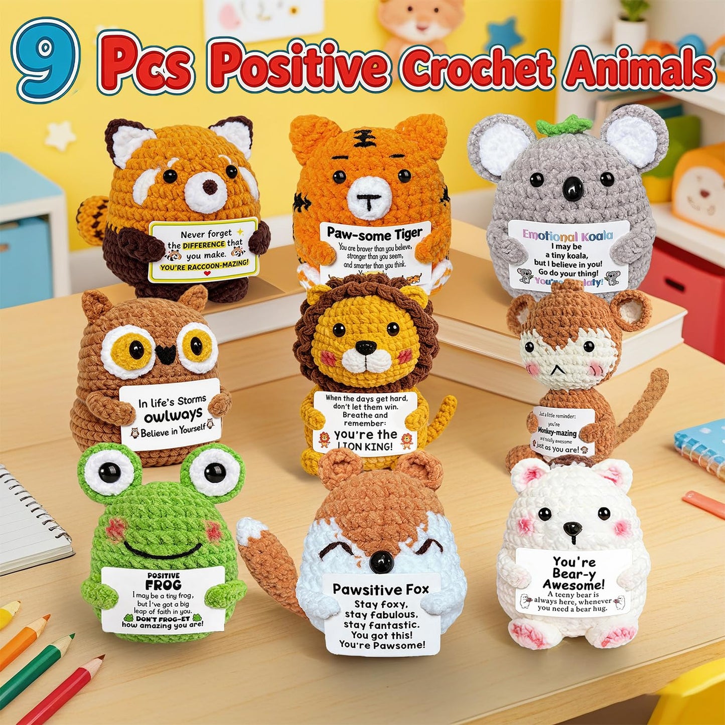 Positive Crochet Animals with Support Messages Knitted Plush Stuffed Animal Bulk Inspiration Gifts for Men Women Teens Teacher Small Ends of School