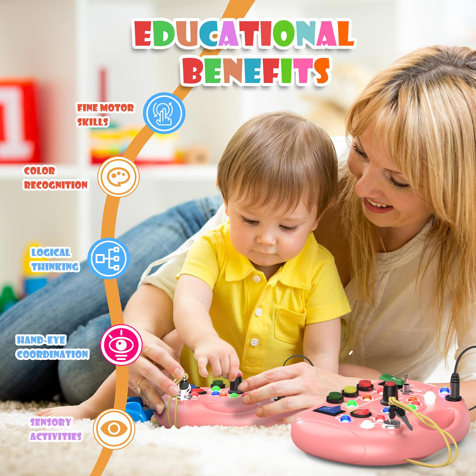 JIWORT Montessori Busy Board for Toddlers with LED Light & Switches, Portable Activity Board for Car & Airplane Travel Toys, Christmas & Birthday Gift