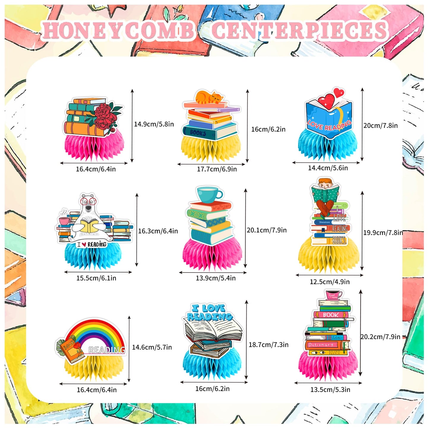 9 PCS Book Honeycomb Centerpieces Table Decorations Books Table Centerpieces for Books Party Supplies Reading Birthday Party Decorations Library