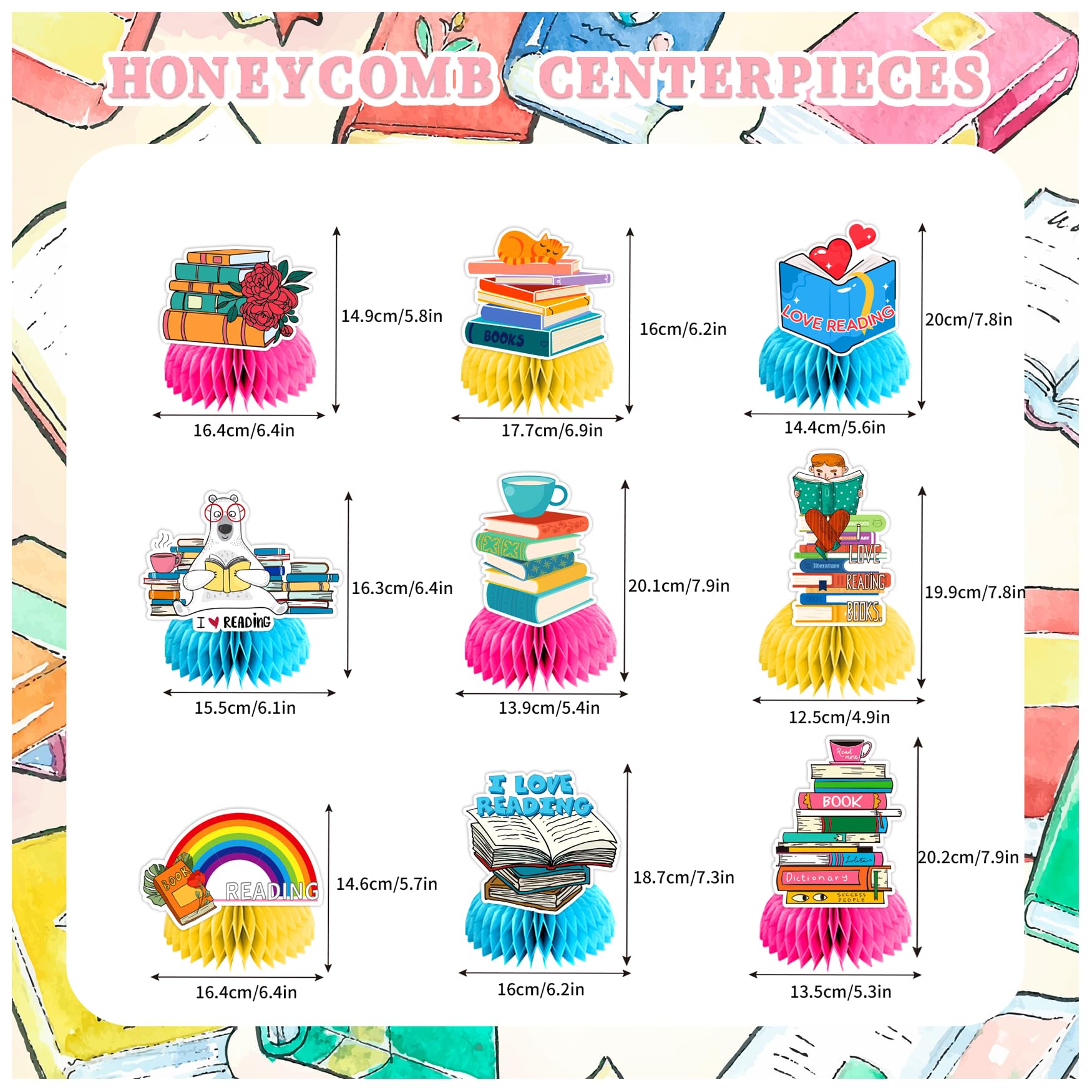 9 PCS Book Honeycomb Centerpieces Table Decorations Books Table Centerpieces for Books Party Supplies Reading Birthday Party Decorations Library