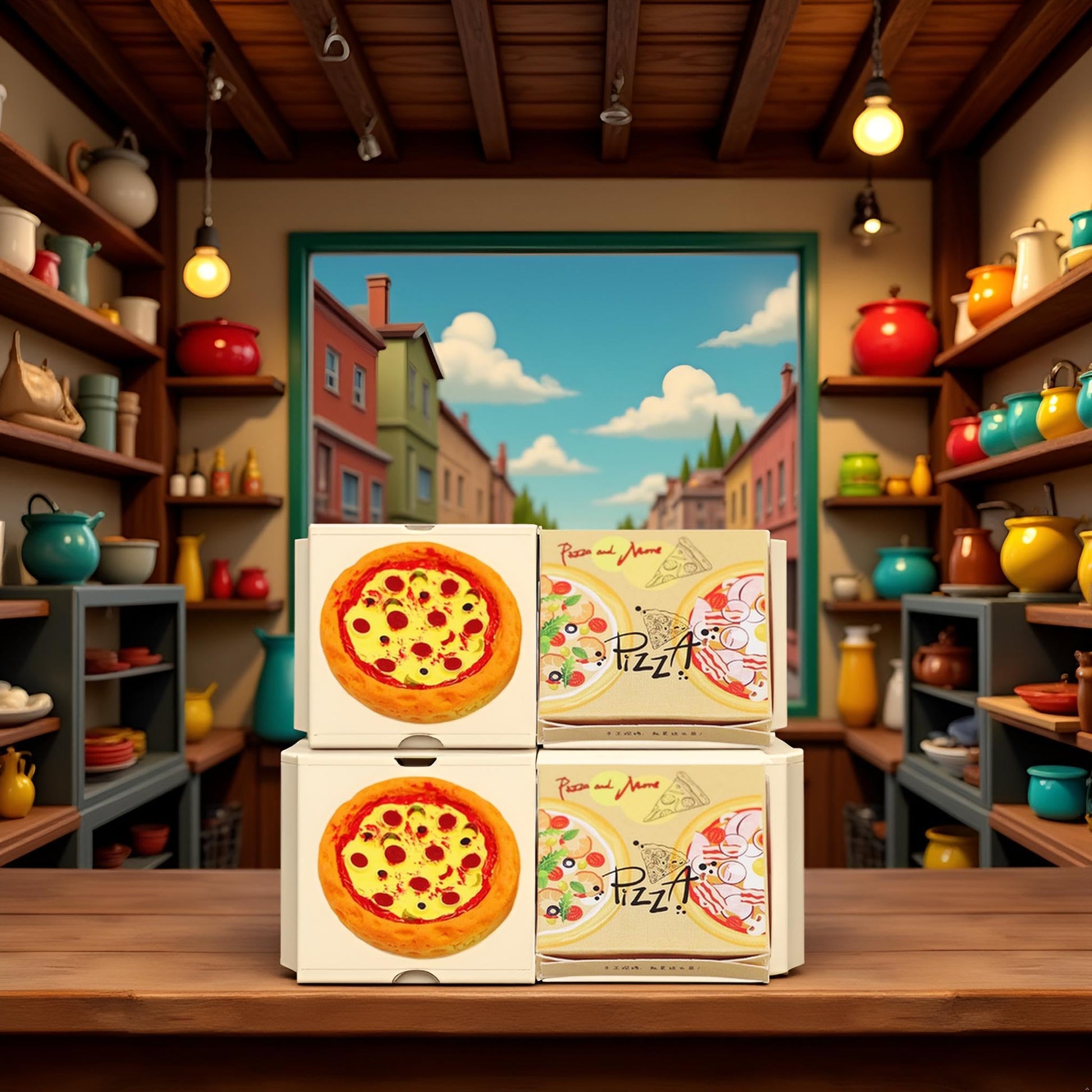 2 Set Miniature Pizza Box, 1:6 & 1:12 Scale Realistic Dollhouse Food Model Set, Yellow Resin Doll House Furniture Supplies for Pretend Play Kitchen