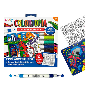 Ooly Colortopia Color by Number Paint Marker Kit - 2 Illustrated Boards, 6 Double-Ended Water-Based Paint Markers, 2 Removable Display Stands