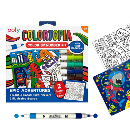 Ooly Colortopia Color by Number Paint Marker Kit - 2 Illustrated Boards, 6 Double-Ended Water-Based Paint Markers, 2 Removable Display Stands