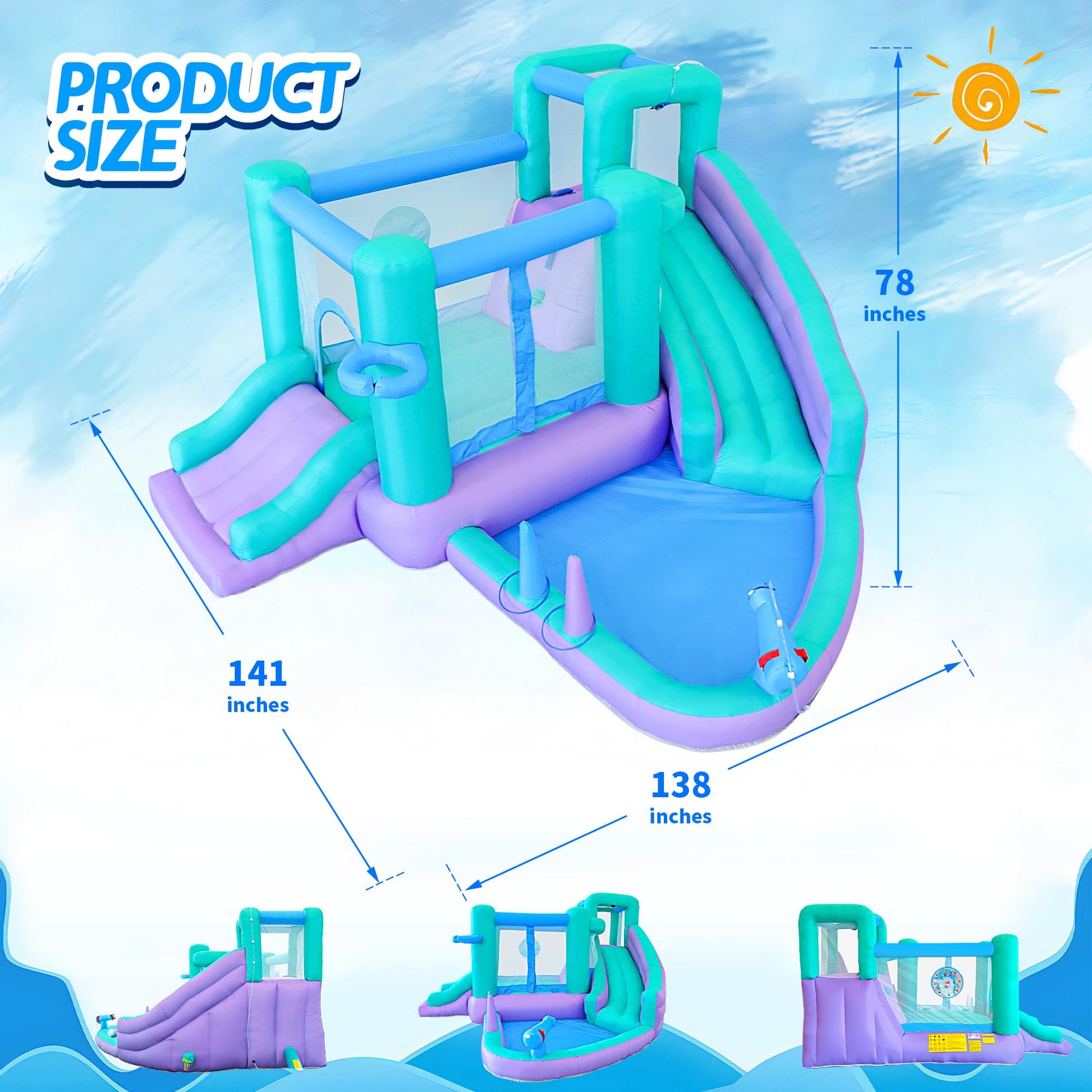 Bestsun Inflatable Bounce House Water Slide, 141 x 138 x 78 Inches Blow Up Water Slides, Splash Pool, Basketball, Ring Toss Game, Target Balls, Water