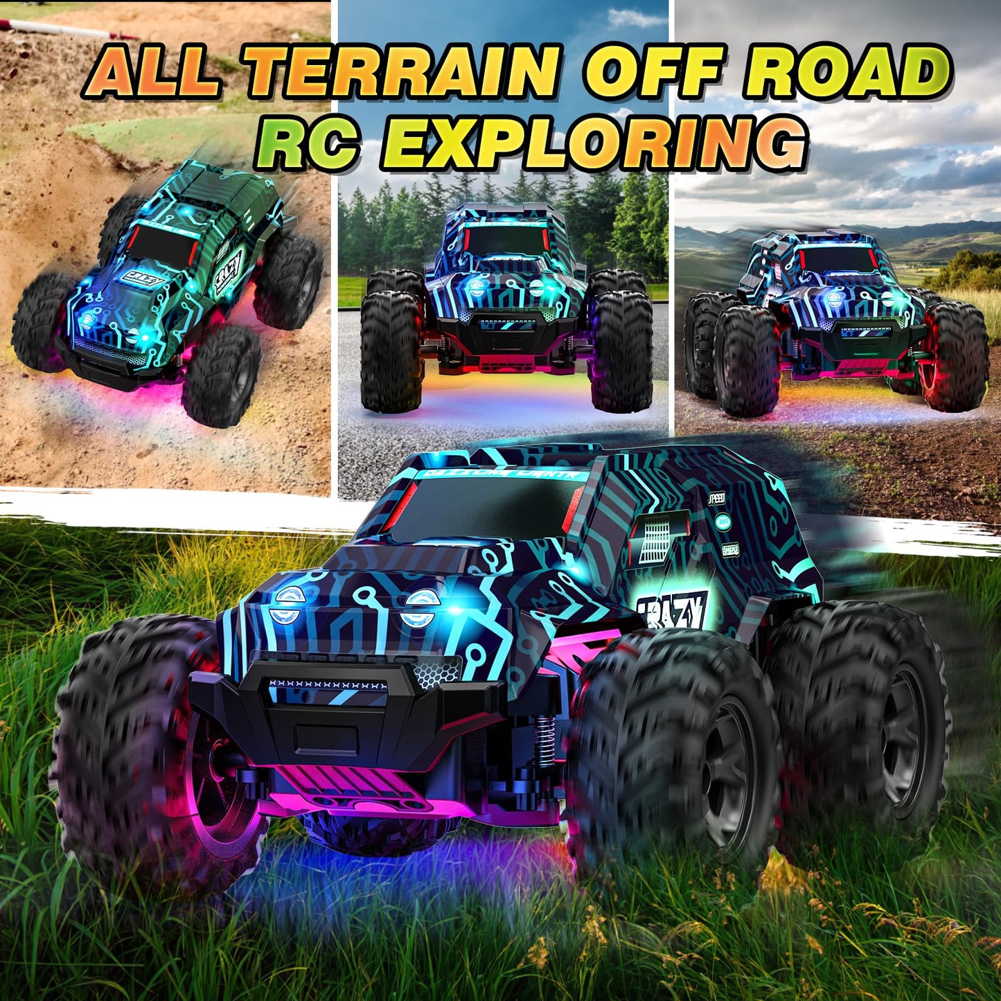 BLUEJAY 2.4GHz High Speed RC Car, Offroad Monster Hobby Racing Car with LED Colorful Bodylight and Rechargeable Battery, Kids Toy Gifts 3-8 Years