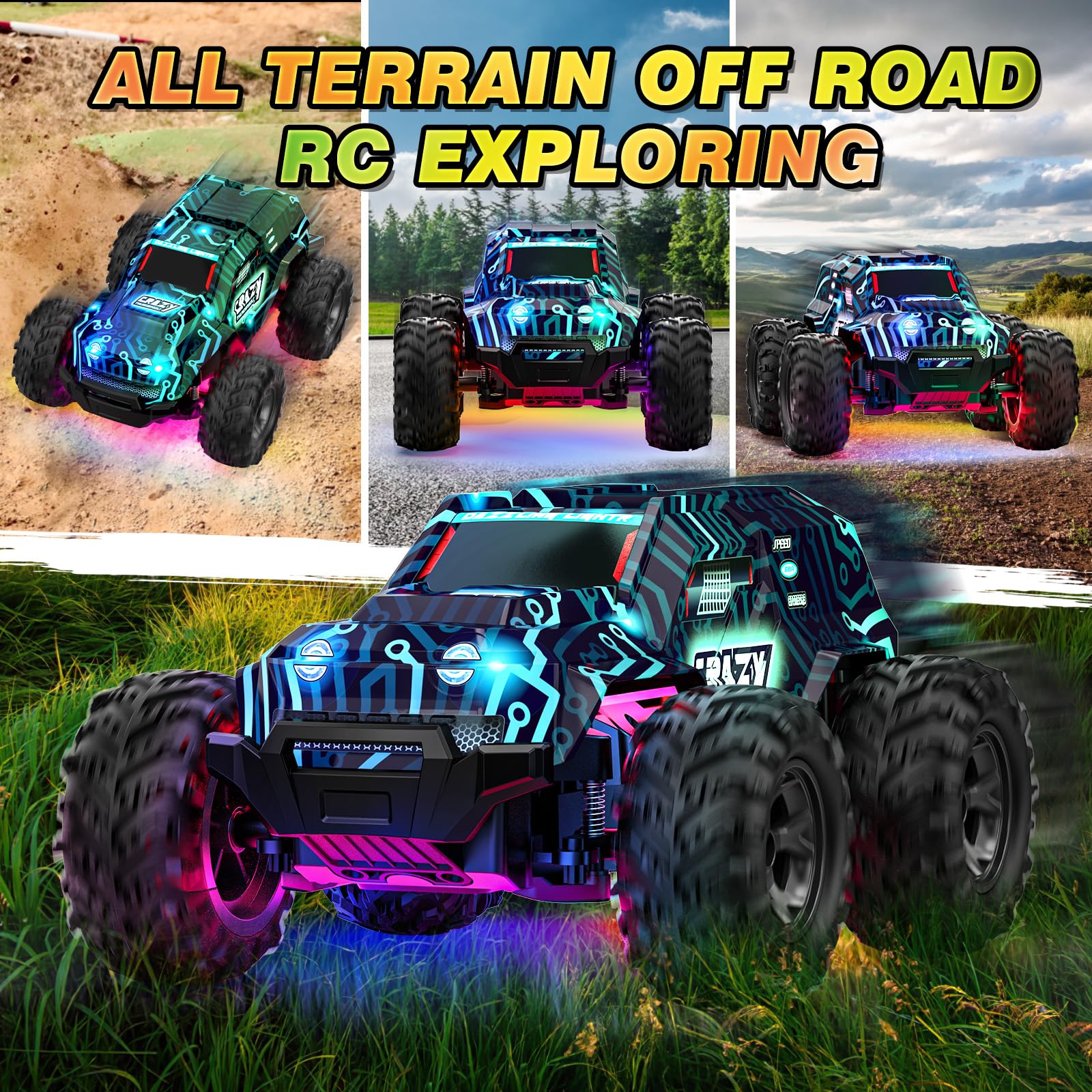 BLUEJAY 2.4GHz High Speed RC Car, Offroad Monster Hobby Racing Car with LED Colorful Bodylight and Rechargeable Battery, Kids Toy Gifts 3-8 Years