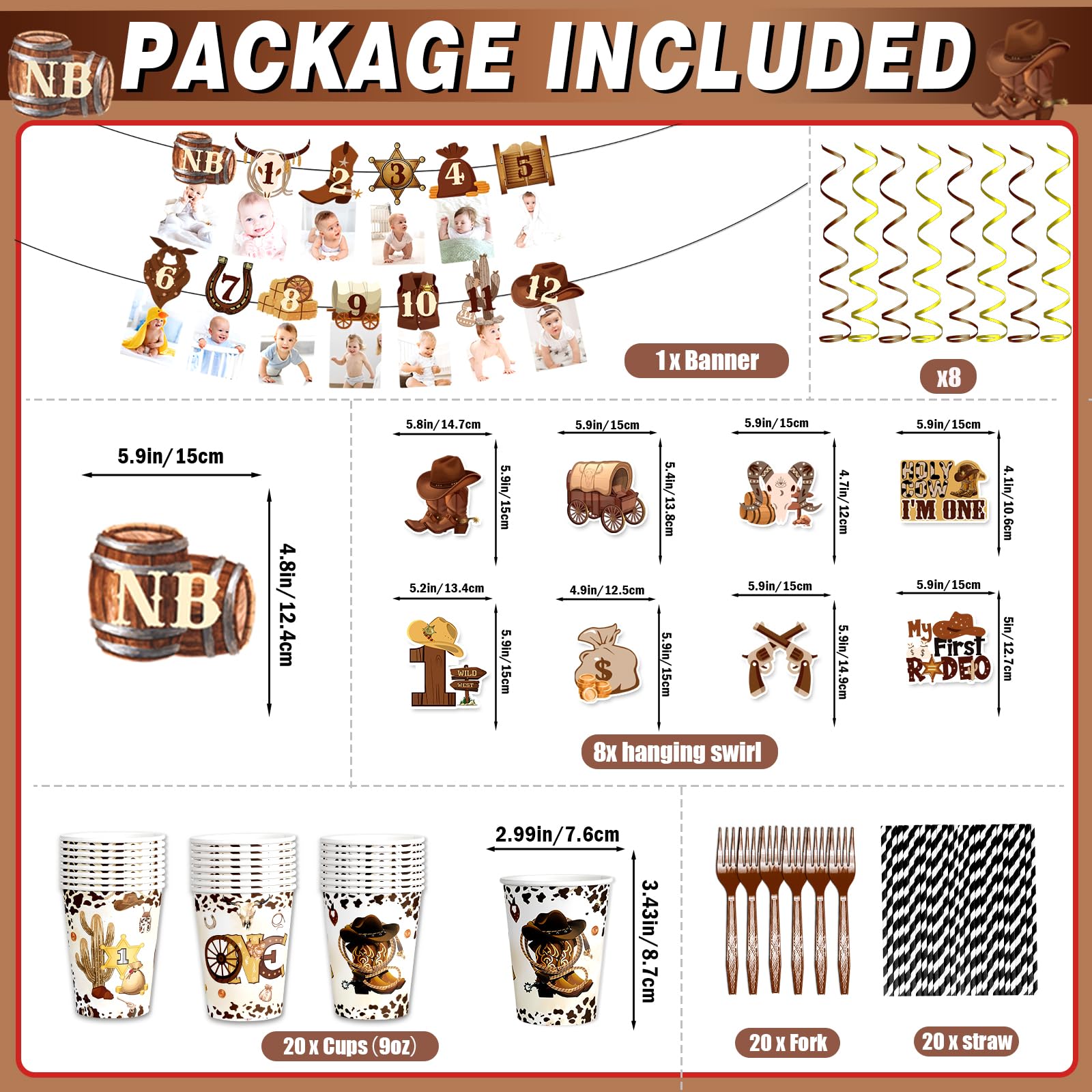 180 PCS My First Rodeo Decorations Boy, First Rodeo Birthday Decorations Tableware Set with Banner Cake Topper Cupcake Toppers Tablecloths Plates