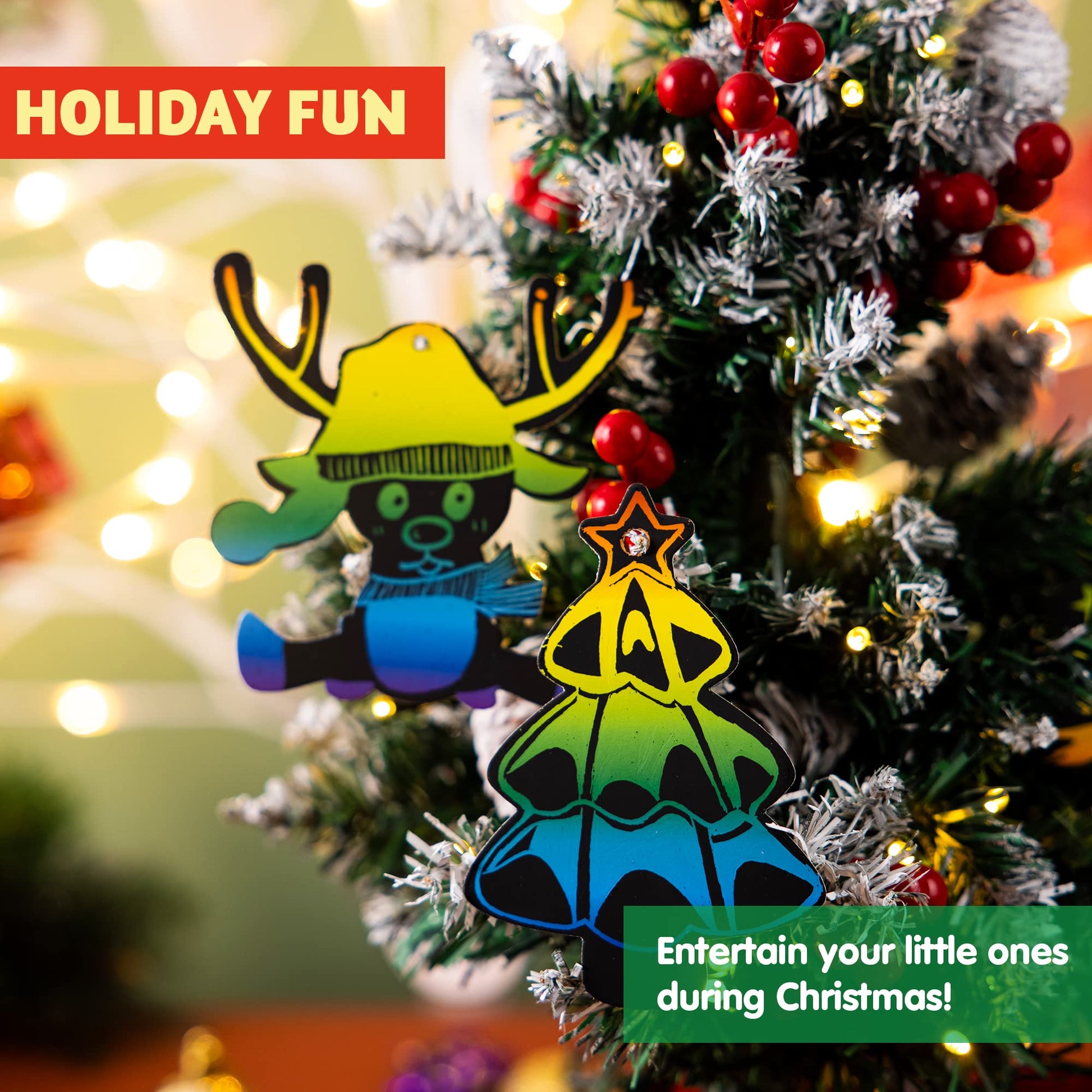 JOYIN 120 Pcs Christmas Scratch Art Ornaments, Rainbow Color Scratch Paper Craft Kit, Christmas Hanging Ornament, Scratch Off DIY Arts & Crafts Kit