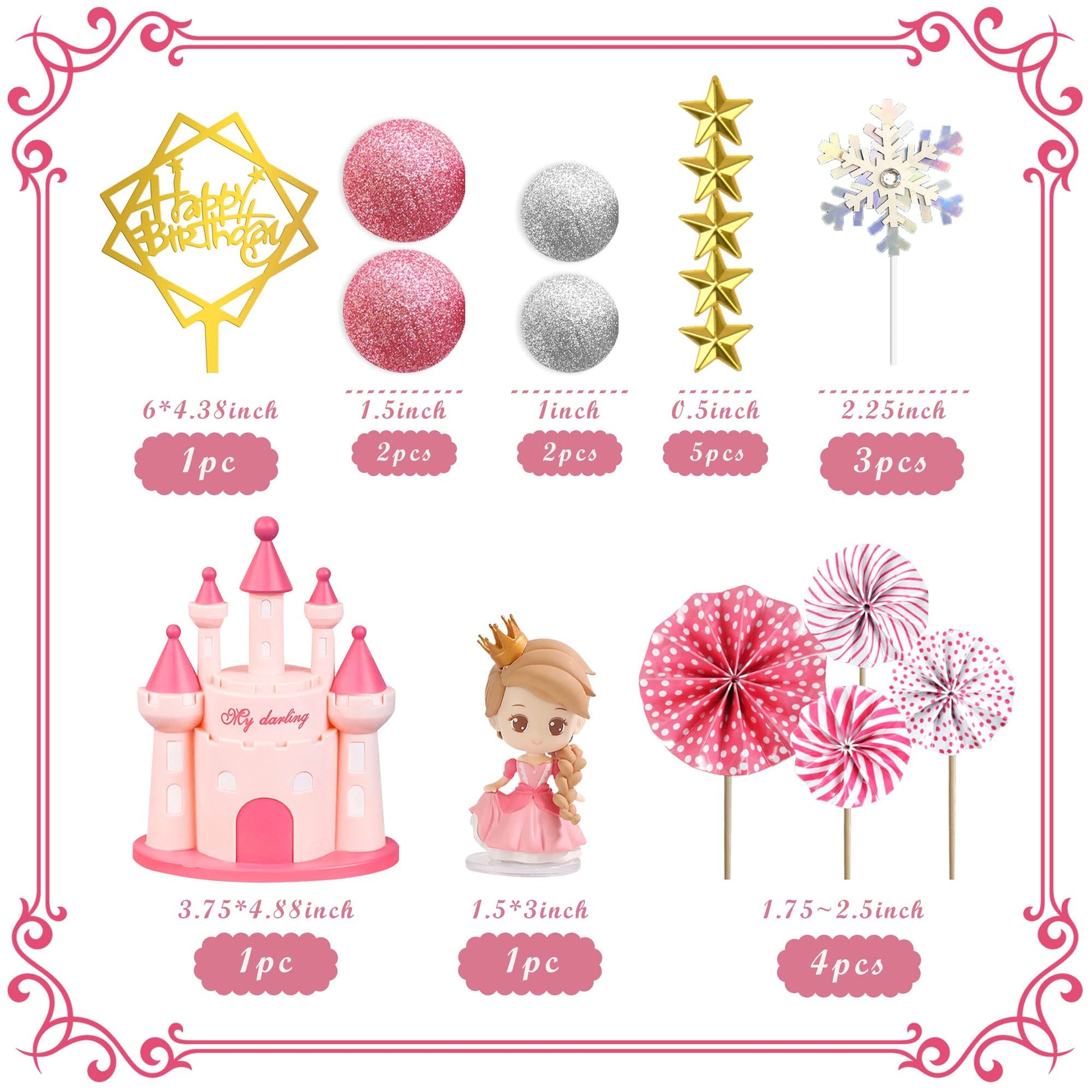 19 PCS Princess Cake Topper Castle Cake Decoration with Snowflake and Stars for Princess Birthday Supplies (Pink)
