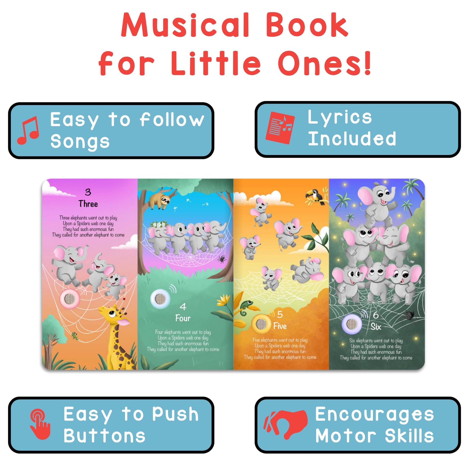 LEARNING BUGS Numbers, Colors & Shapes - 28 Favorite Counting Nursery Rhymes, Musical Books for Toddlers, 28-Button Music Book, Musical Toys