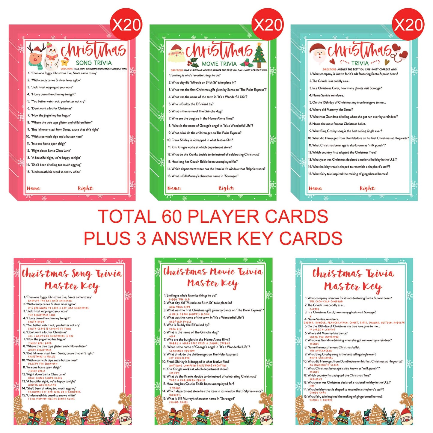 KMLIFE 63 Pcs Christmas Trivia Party Game Cards, 3 Themes Xmas Holiday Guessing Activity for Adults Families Friends, Kids, Groups and Coworkers