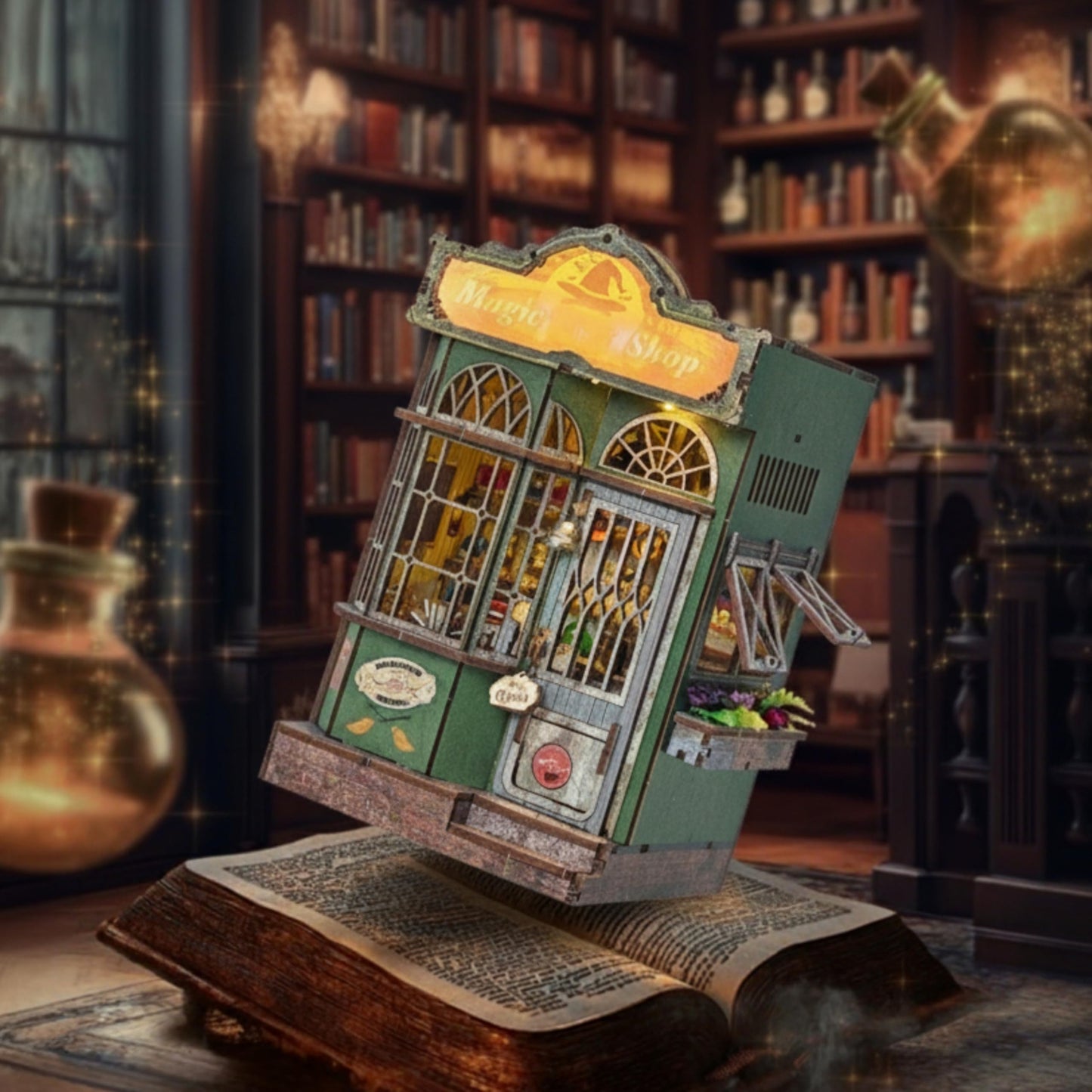 Hands Craft Magic Shop DIY Book Nook Kit with Touch LED Lights - 322-Piece 3D Puzzle, Miniature House Bookshelf Insert - Enchanted Potion Store Wooden