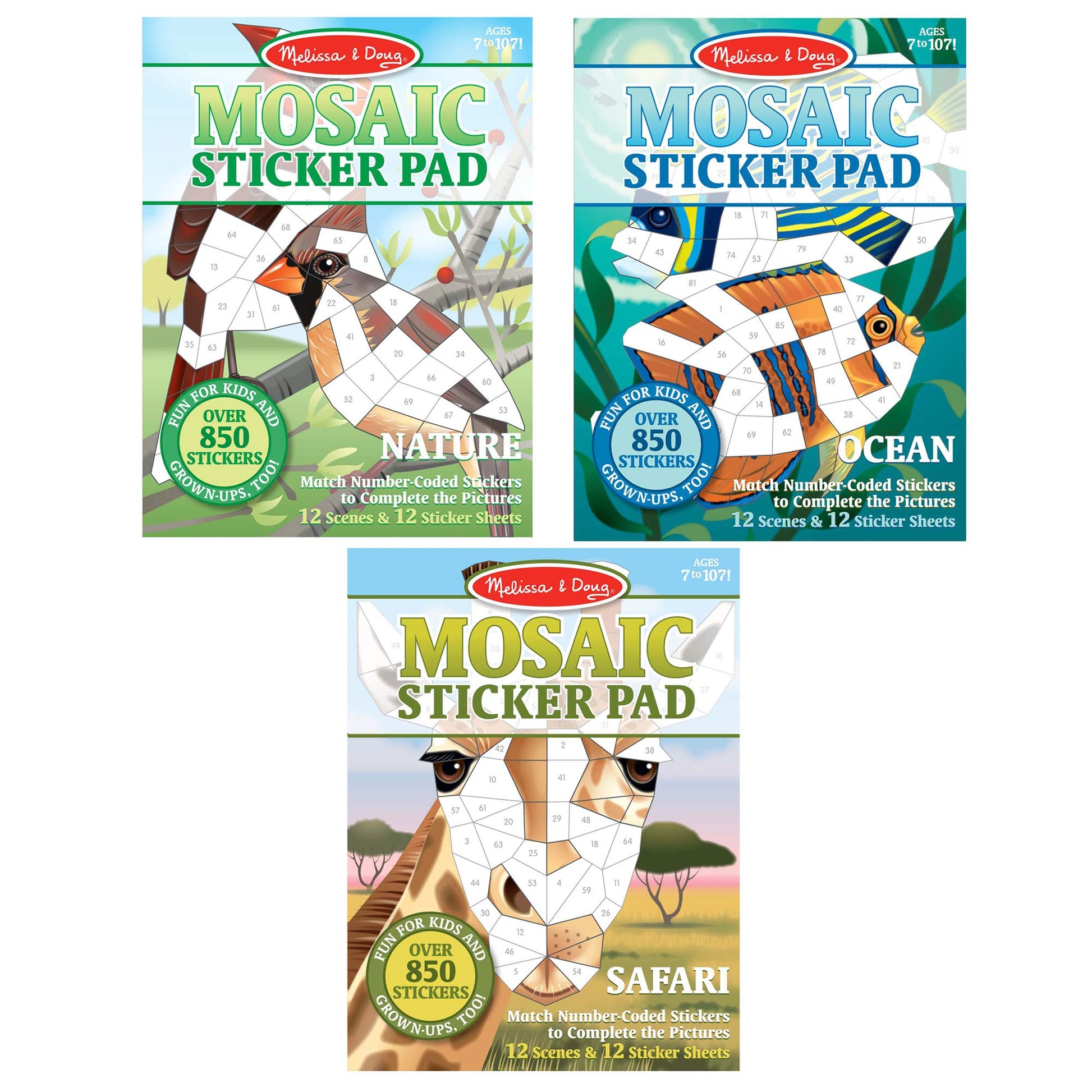 Melissa & Doug Mosaic Sticker Pad Bundle Play Set 3-Pack: Safari, Ocean and Nature - 12 Scenes Each