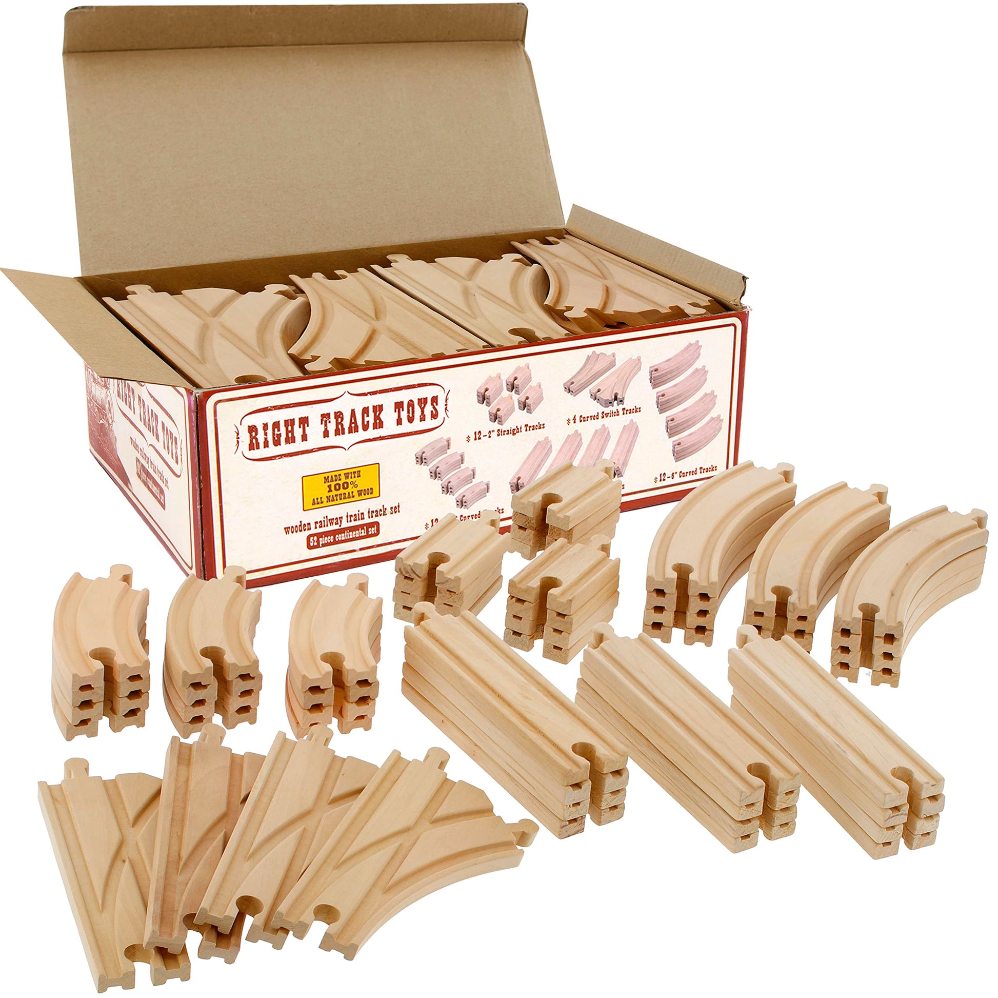 Wooden Train Track 52 Piece Set-18 Feet Of Track Expansion - 5 Distinct Pieces - 100% Compatible with All Major Brands Including Thomas Wooden Railway