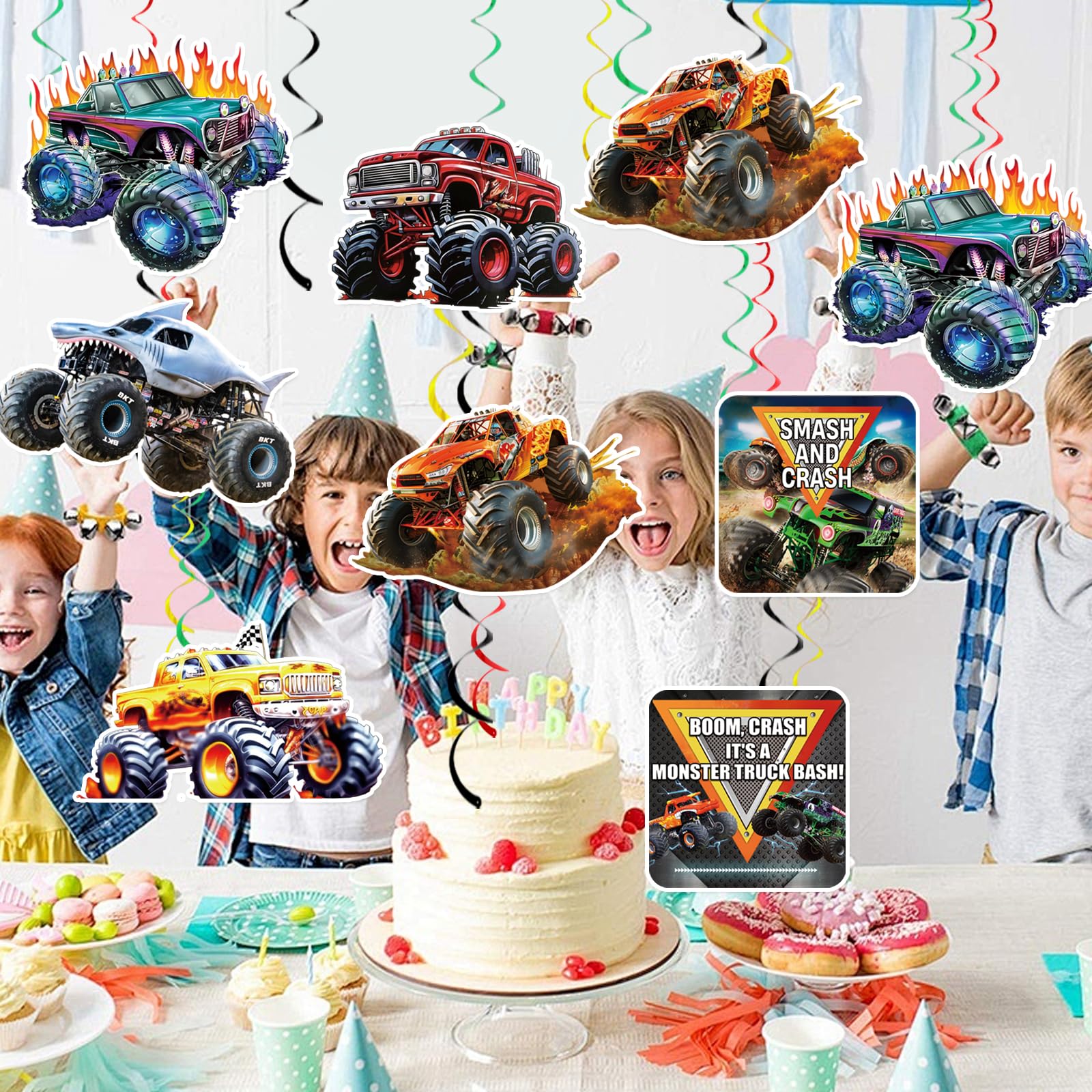 12 Pcs Monster Truck Hanging Swirls Monster Truck Birthday Decorations, Monster Truck Party Decorations, Monster Truck Decorations for Boys Kids