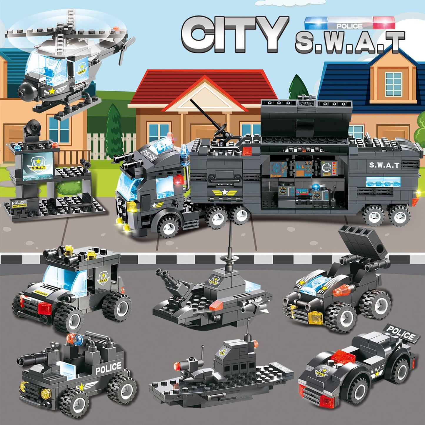 1110 PCS SWAT City Police Set Cop Car Building Set with Helicopter, Boat, Police Station, Mobile Command Center Truck Toys in 25 Different Models