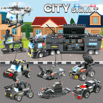 1110 PCS SWAT City Police Set Cop Car Building Set with Helicopter, Boat, Police Station, Mobile Command Center Truck Toys in 25 Different Models