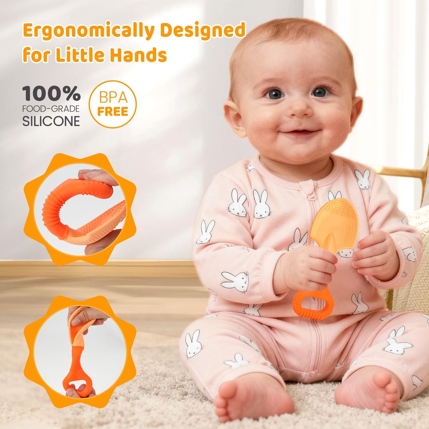 Baby Teething Toys, Baby Garden Teether Toys Shovel & Rake Silicone Teethers for Babies 0-6 6-12 Months, Multi-Texture Gum Massage Teething Relief