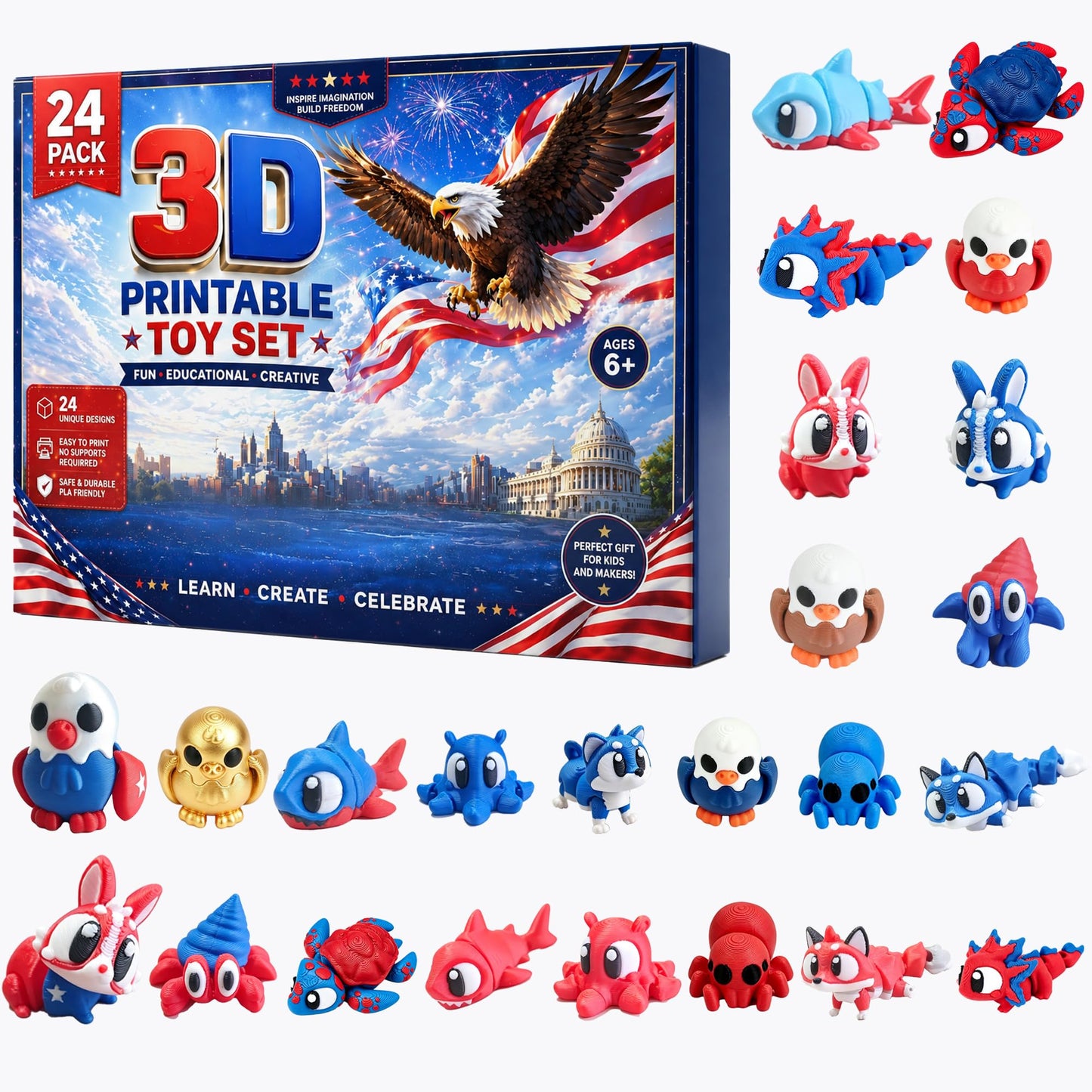 24 Pack 3D Printed Animal Figurines Set, Mini Articulated Collectible Toys, Cute Desk Pets and Fidget Toys, Patriotic Holiday Gifts, Party Favors