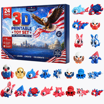 24 Pack 3D Printed Animal Figurines Set, Mini Articulated Collectible Toys, Cute Desk Pets and Fidget Toys, Patriotic Holiday Gifts, Party Favors