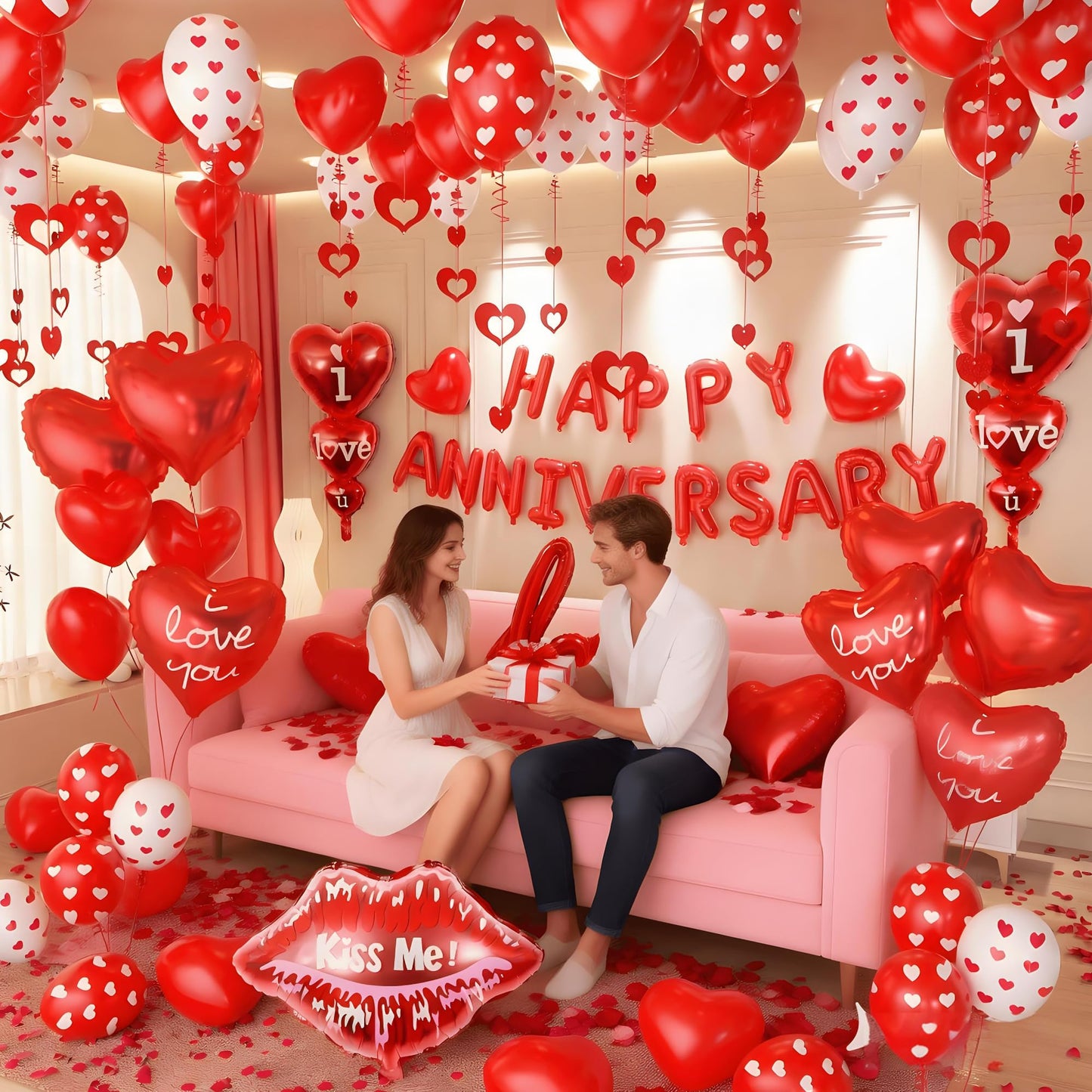MAJUSTA Anniversary Decorations-Valentines Day Balloons with Heart Balloons,Happy Anniversary Banner,I love you balloons,Heart Hanging String,Red Rose