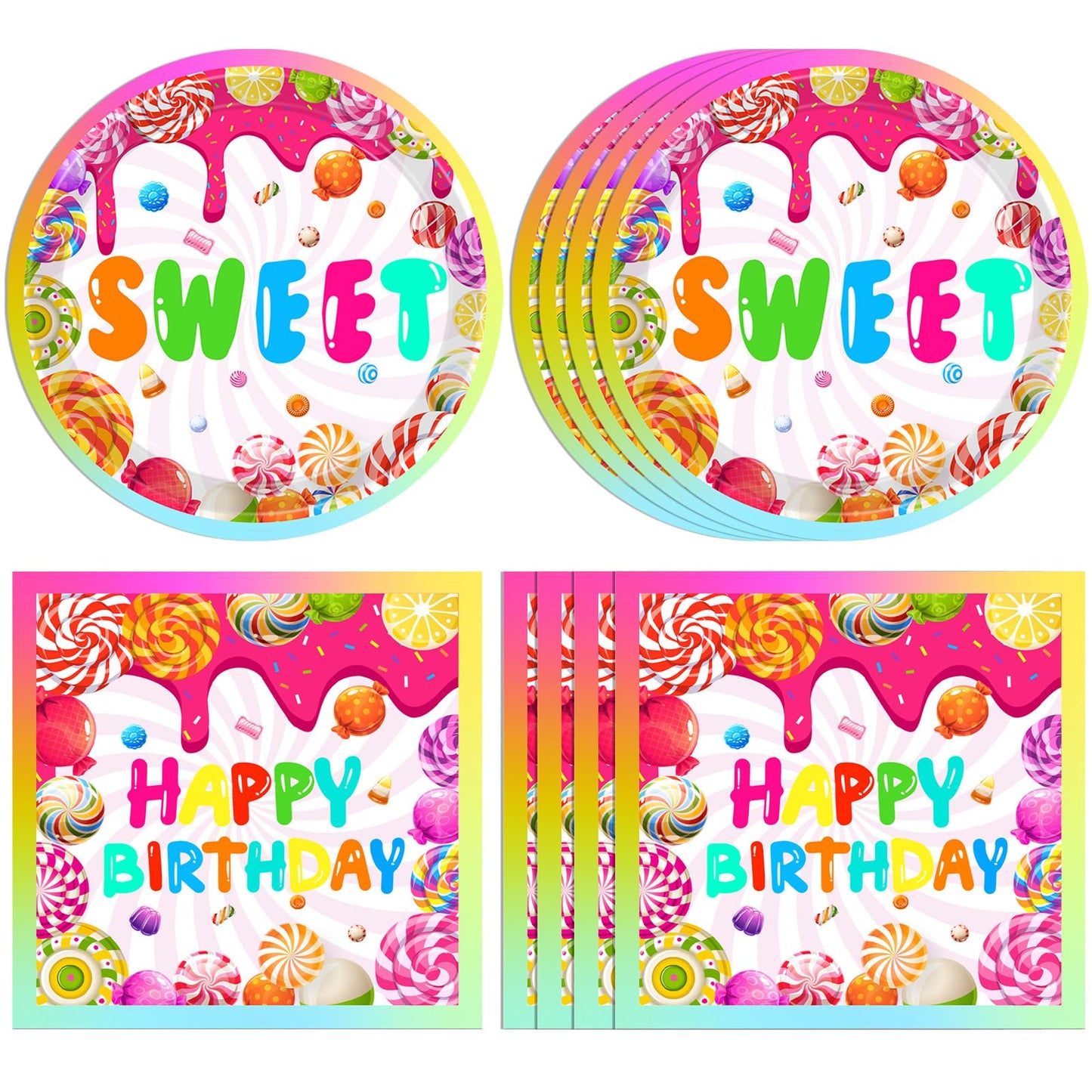 40Pcs Candyland Party Decorations Candy Paper Plates & Napkins, for Candy Land Birthday Party Decorations & Lollipop Themed Tableware Set Sweet