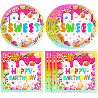 40Pcs Candyland Party Decorations Candy Paper Plates & Napkins, for Candy Land Birthday Party Decorations & Lollipop Themed Tableware Set Sweet