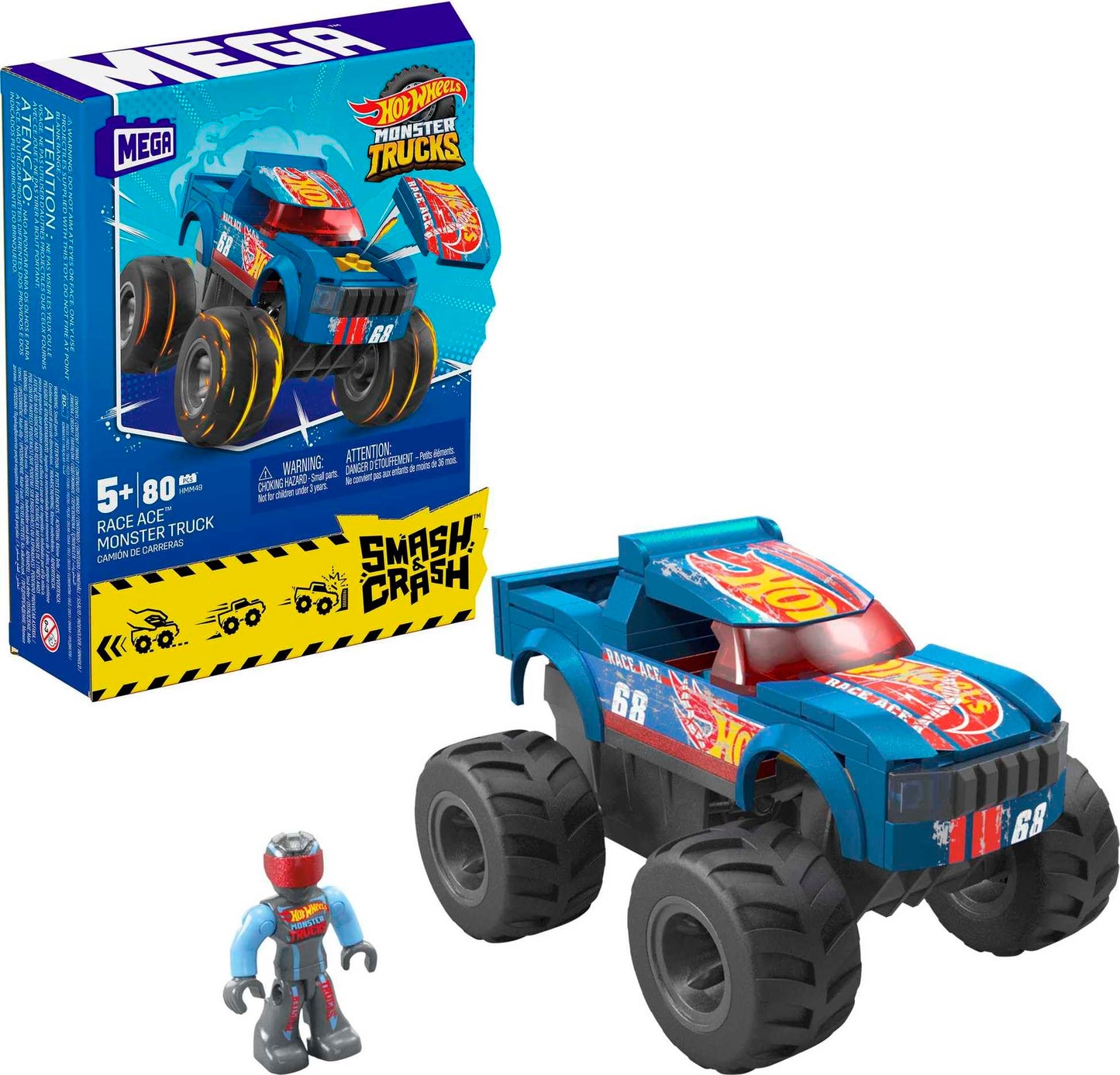 MEGA Hot Wheels Monster Trucks Toy Car Building Set, Smash & Crash Race Ace with 85 Pieces, 1 Micro Action Figure Driver, Blue, Kids Age 5+ Years