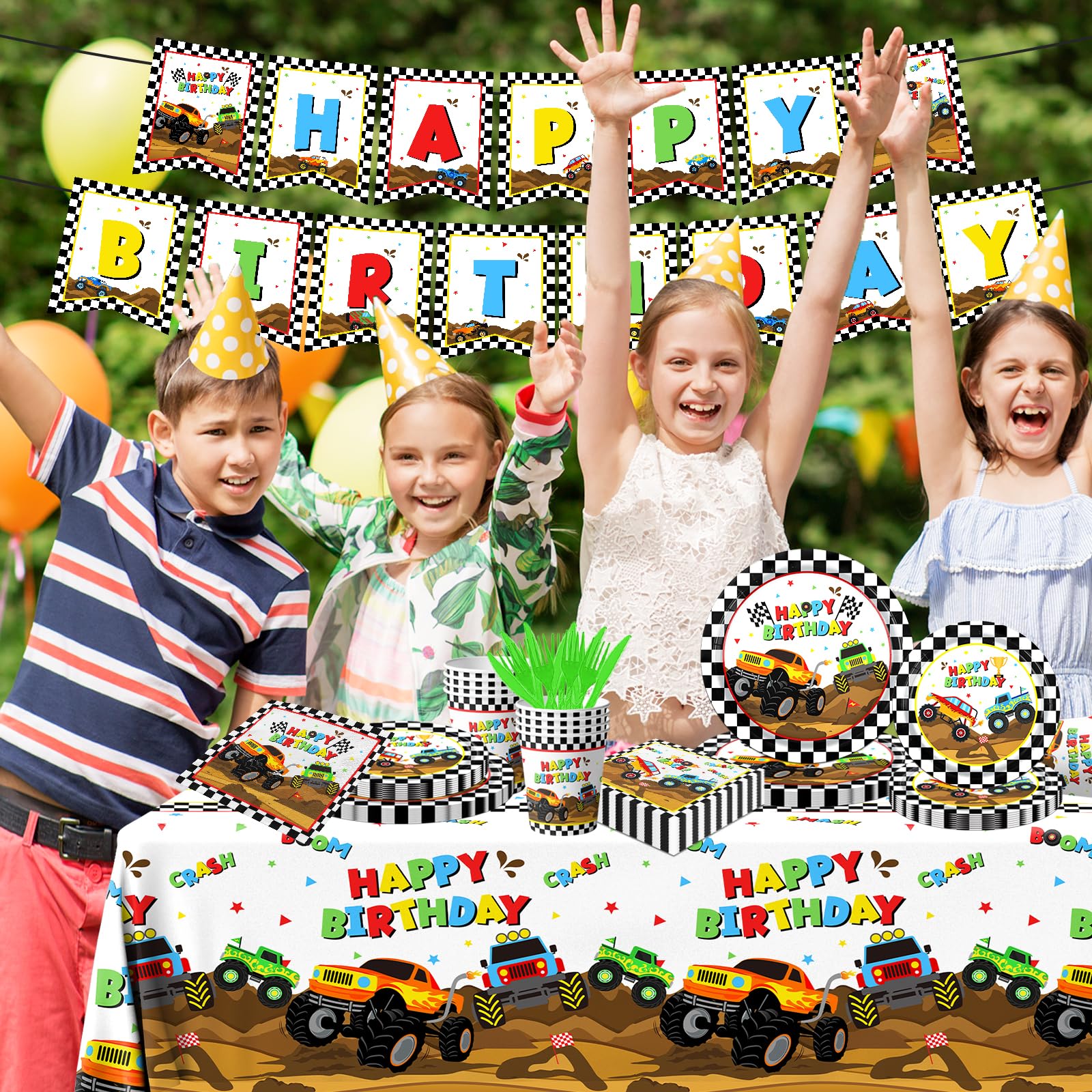 Dydamud Monster Truck Party Supplies,Monster Machine Happy Birthday Checkered Tableware Sets Include Monster Trucks Theme Party Paper Plate Napkins
