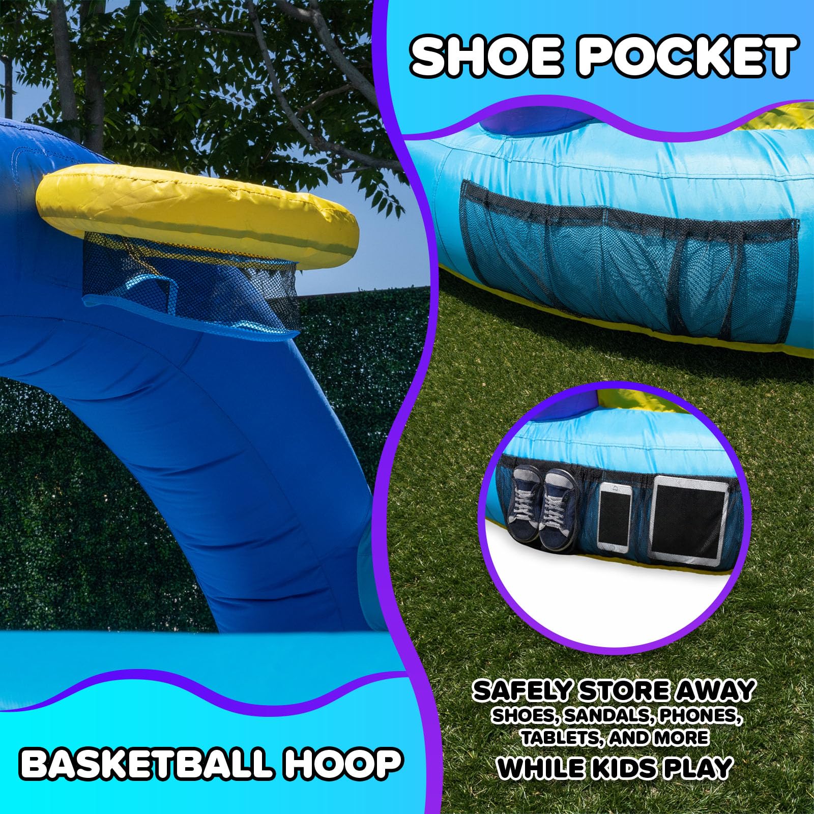 Sportspower INF-2415 Whack-A-Play Inflatable Bounce House with Basketball Hoop, Slide and Quick Inflate Blower: Recommended Age 3-8, Blue/Purple