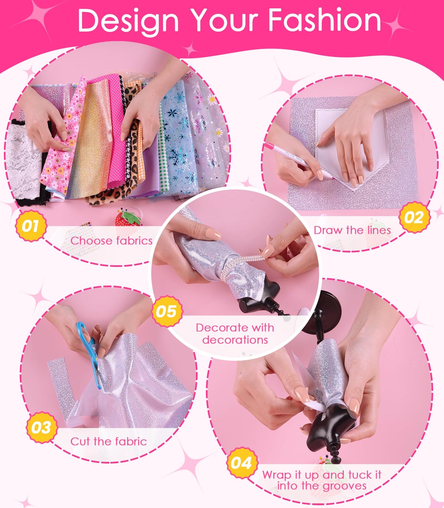 YEETIN Fashion Designer Kit for Girls - DIY Sewing & Arts Craft Kit with 5 Mannequins, Doll Clothes Making Set, Learn to Sew, Creative Gift for Girls