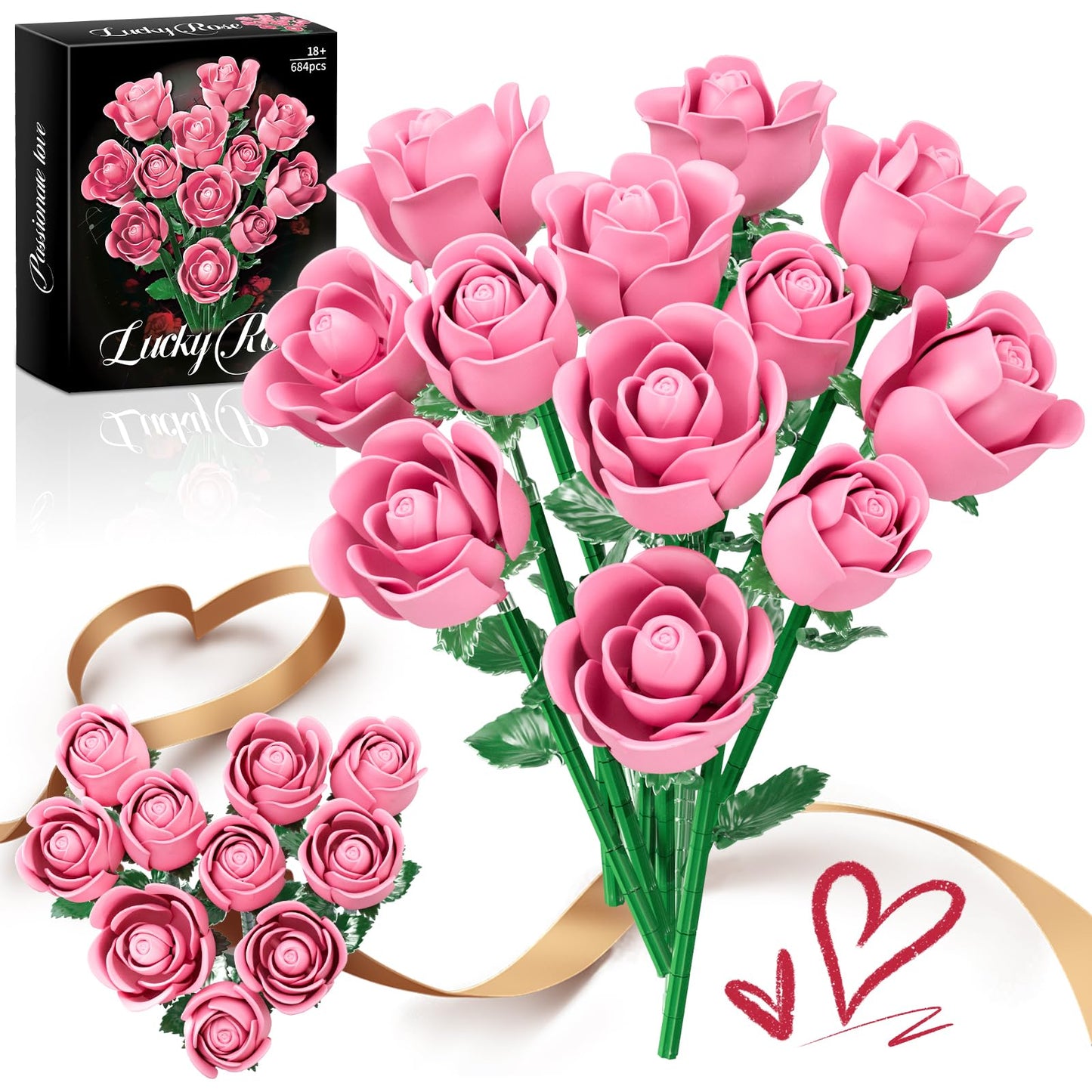 Pink Rose Bouquet Building Set, Compatible with Lego Flowers for Adults Women, Botanical Collection Gift for Mother's Day & Valentine's Day Artificial