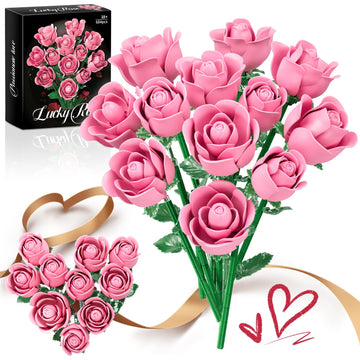 Pink Rose Bouquet Building Set, Compatible with Lego Flowers for Adults Women, Botanical Collection Gift for Mother's Day & Valentine's Day Artificial