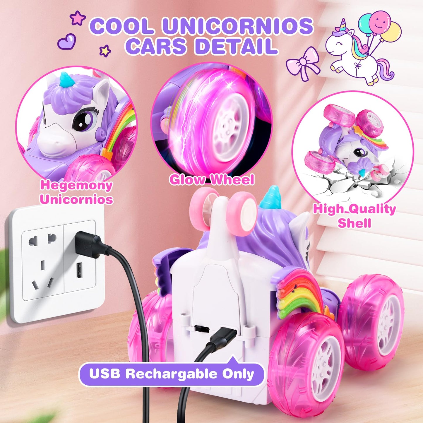 RUIDYA Unicorn Remote Control Car for Girls, 360°Rotating 4WD Stunt RC Cars for Boys with Lights, 2.4GHz Rechargeable Car Toys Gift for Toddler Kid