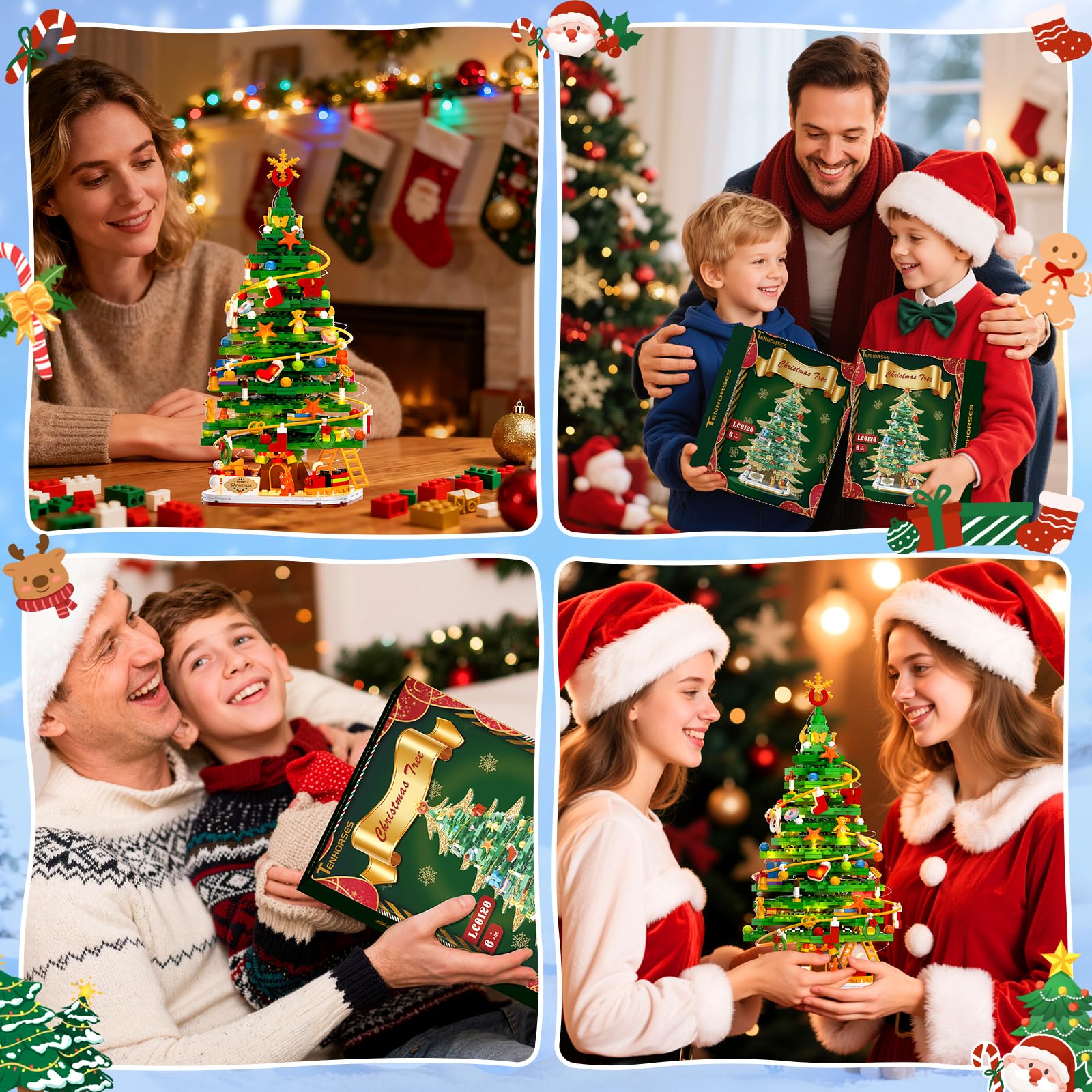 Christmas Tree with LED Light Building Blocks, Compatible with Lego Christmas Ornaments Set for Tabletop Home, Wreath Snowflake Xmas Decoration