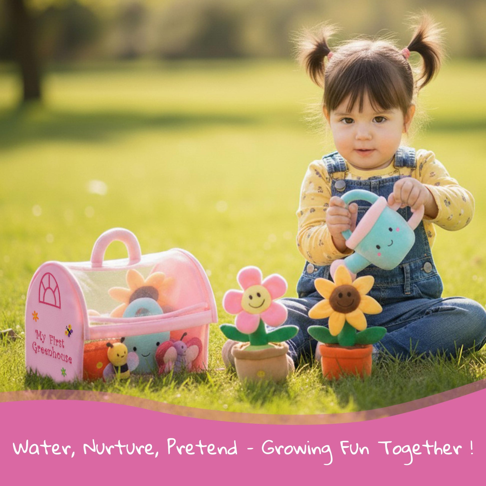 June Garden My First Greenhouse Plush Playset - 5 Pcs Interactive Soft Toy Set with Flowers, Bee, Butterfly & Watering Can - Pretend Play Educational