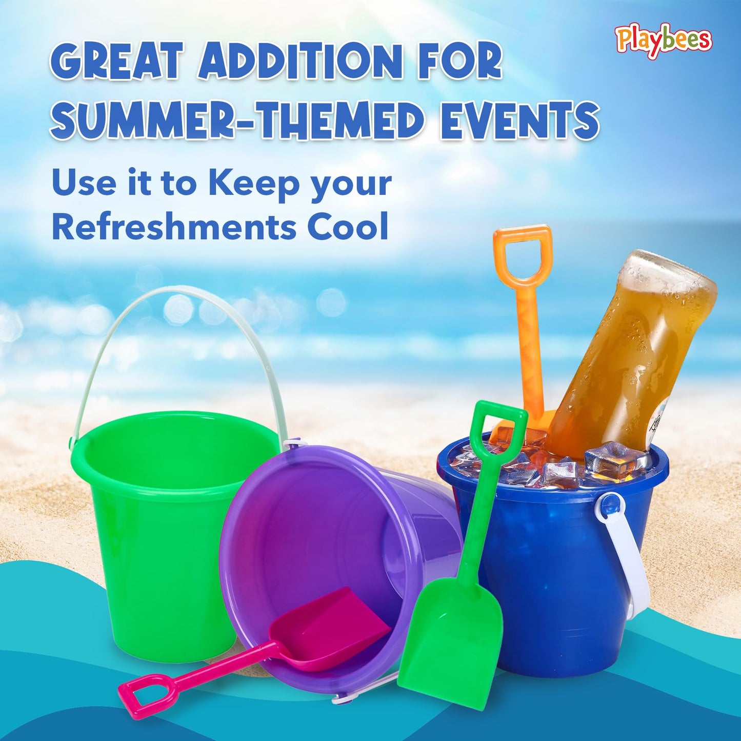 Playbees 24-Piece Beach Bucket and Shovel Set for Kids, Includes 12 Colorful 7-Inch Sand Pails and 12 Matching 7.5-Inch Shovels, Sandbox Toys
