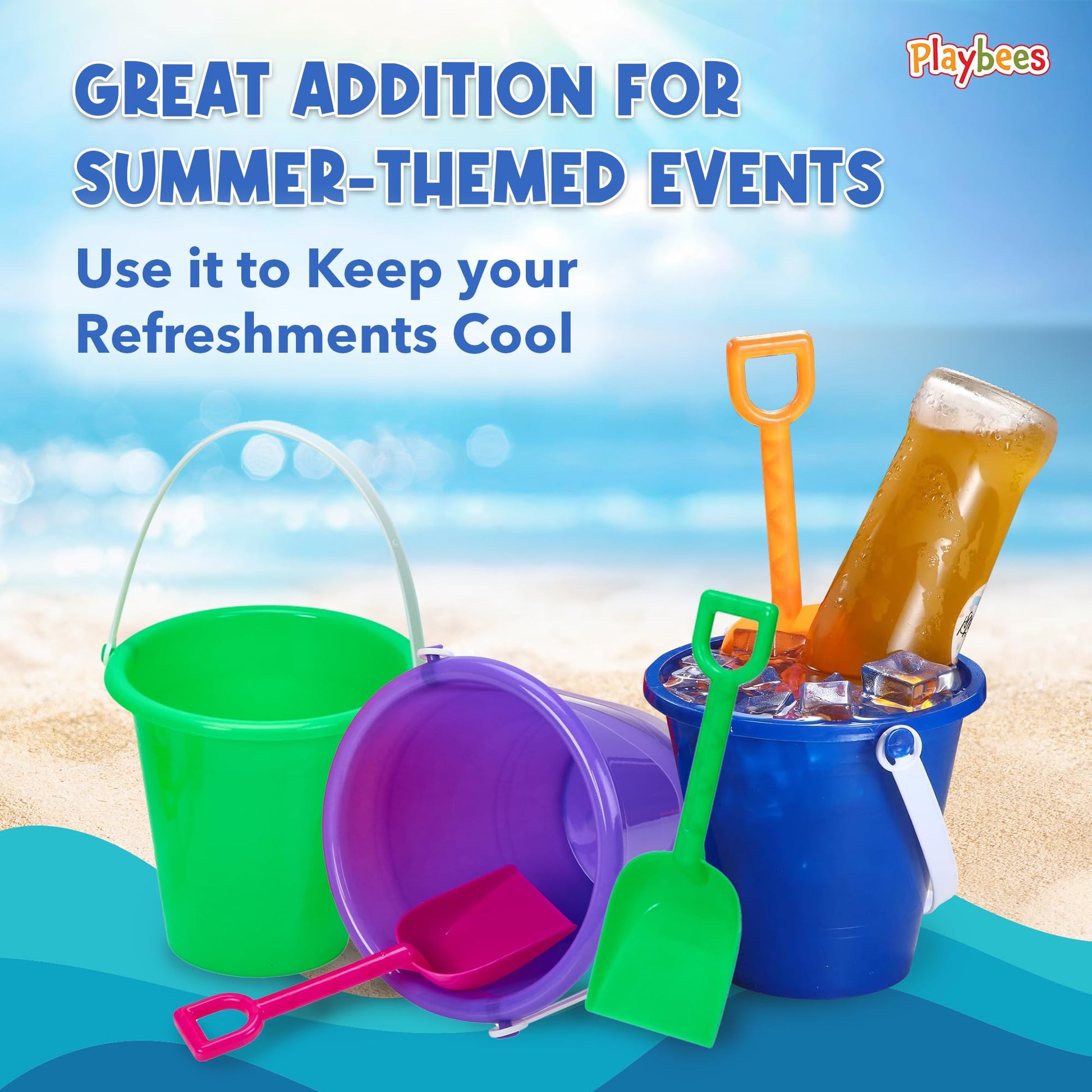 Playbees 24-Piece Beach Bucket and Shovel Set for Kids, Includes 12 Colorful 7-Inch Sand Pails and 12 Matching 7.5-Inch Shovels, Sandbox Toys