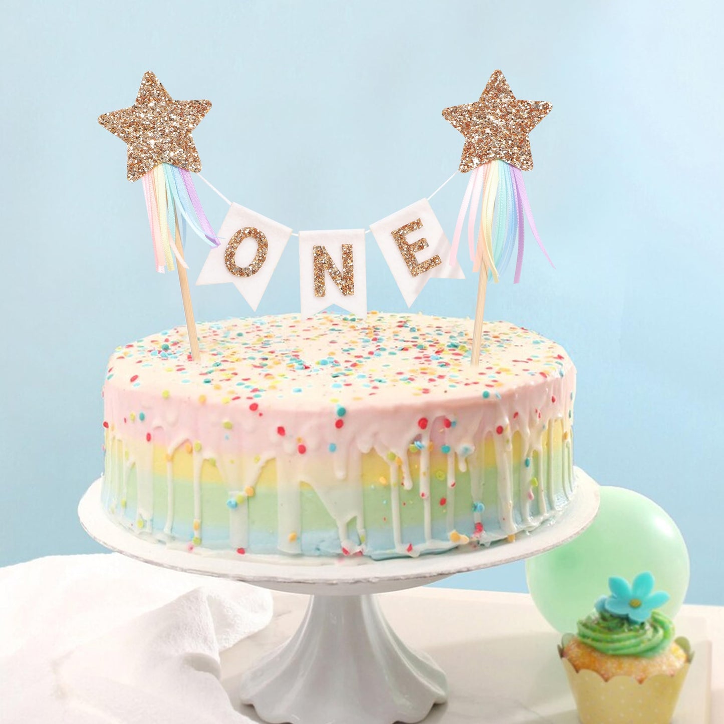 Gold Star Rainbow Cake Topper - First Birthday Pastel Rainbow Cake Topper, Shooting Star Cake Pick, Girl 1st Birthday Cake Decoration, Little Princess