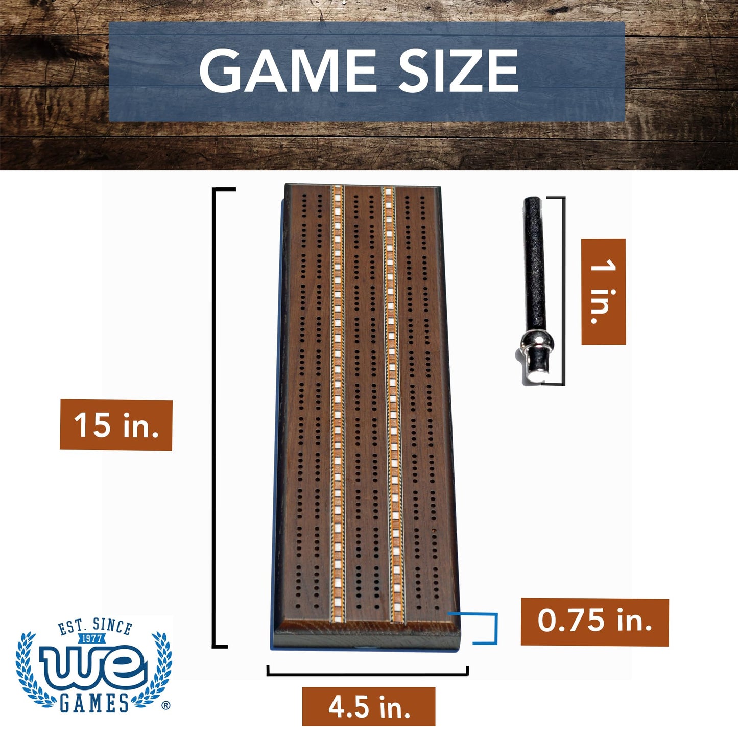 WE Games Classic Dark Oak Cribbage Board Set 3 Track Solid Wood Sprint Board with Metal Pegs, Family Games, Living Room Decor, Travel, Outdoor